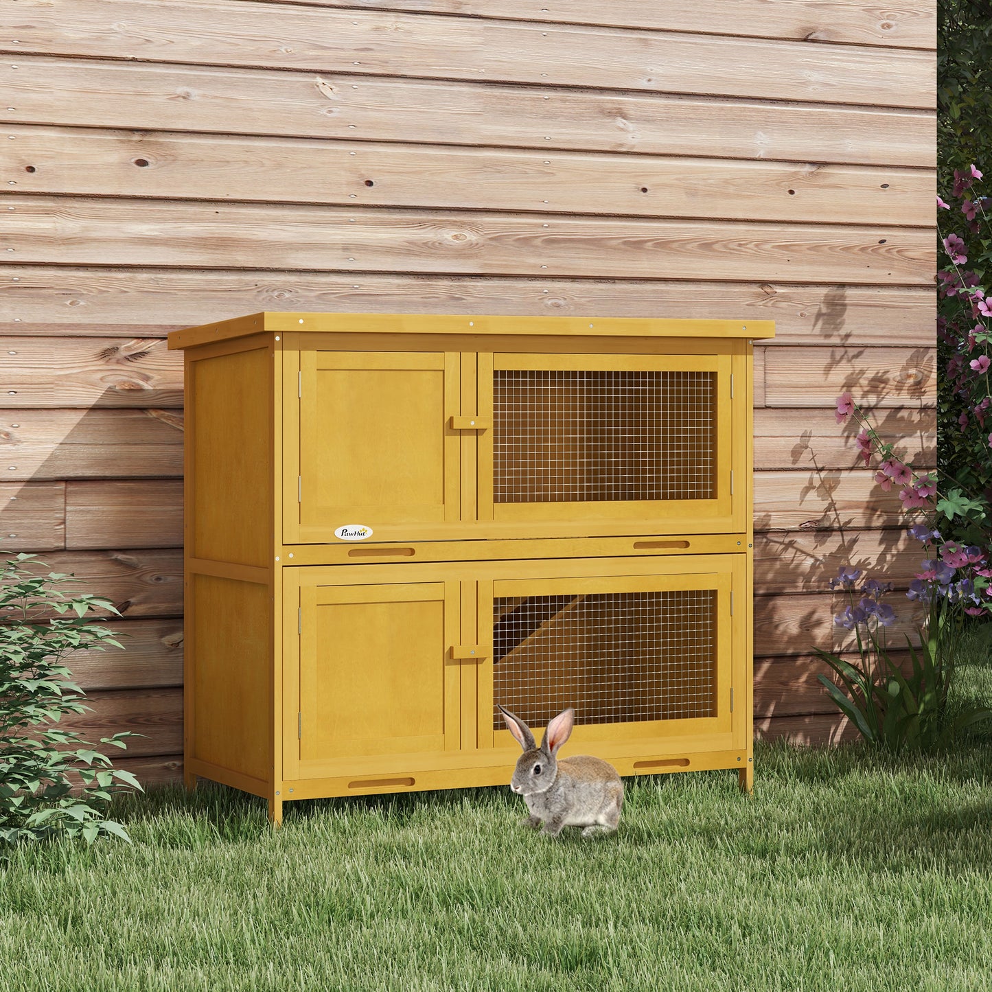 Wooden Bunny Hutch with Ramp, Indoor/Outdoor, Yellow