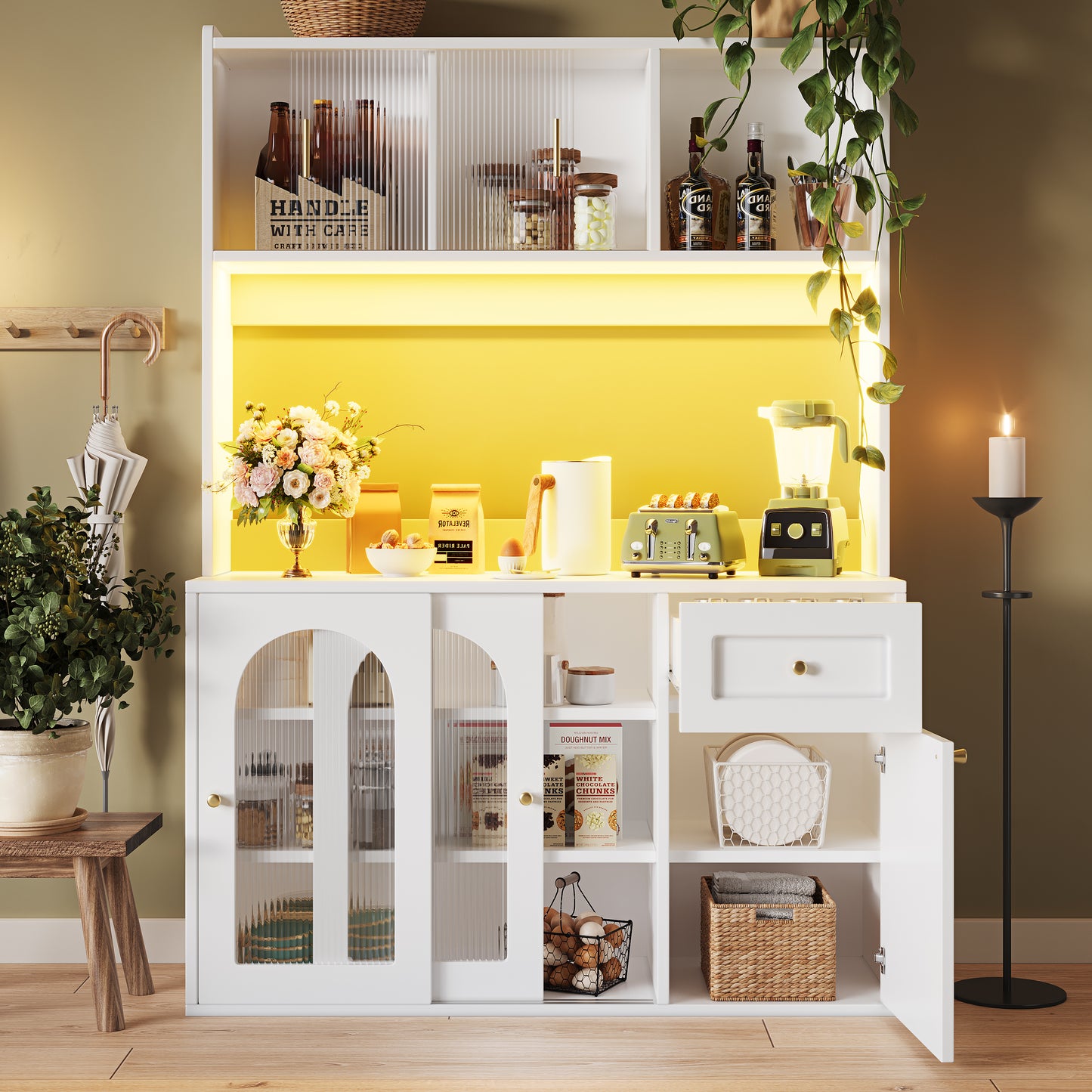 Kitchen Cabinet 120X35X167cm Tall Cabinet, Display Cabinet, Buffet Cabinet With Adjustable Shelves, Dining Room Cabinet, Sideboard With LED Lighting, White Black