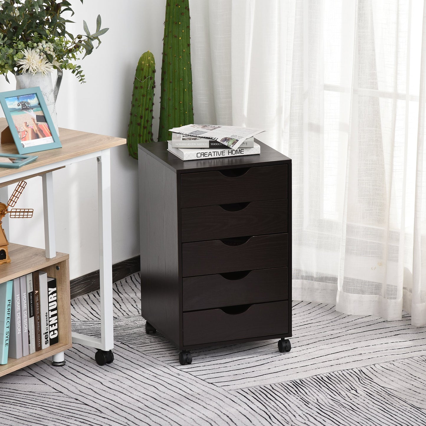 5 Drawer File Cabinet Storage Organizer Filing Cabinet with Nordic Minimalist Modern Style & Wheels, Brown