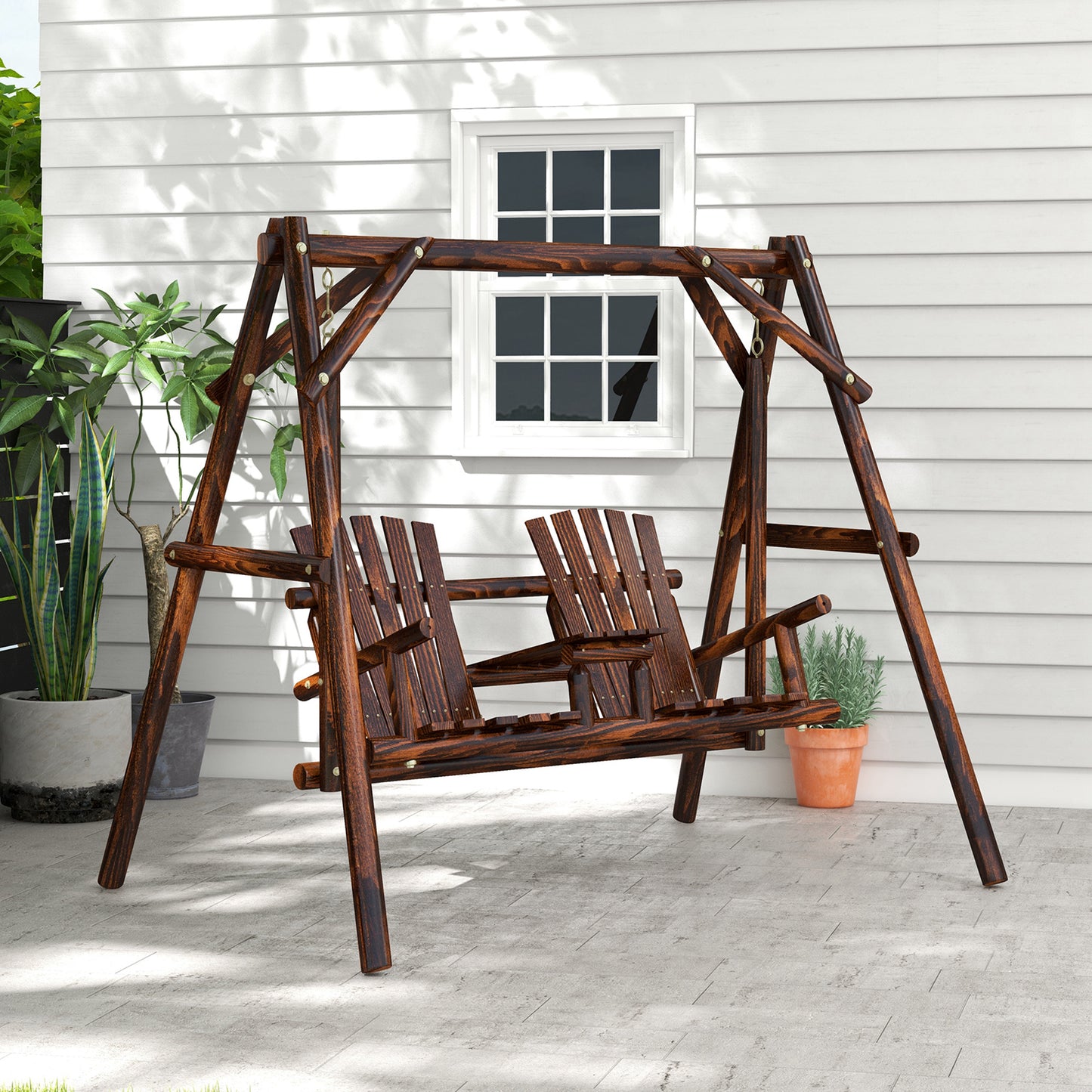 Adirondack Swing Chair Outdoor 2-Seat Freestanding Solid Wood With Center Table Carbonized