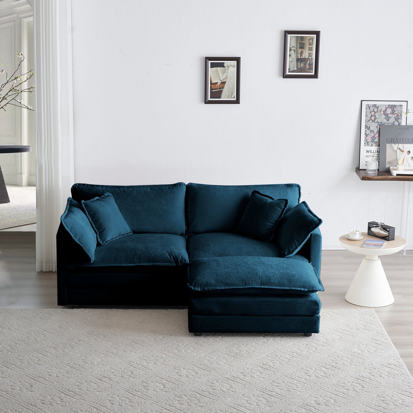 Chenille Two-Seater Sofa With 1 Footrest, 2 Seater L-Shaped Sectional With Ottoman,Loveseat With Ottoman For Small Living Space,Blue Chenille