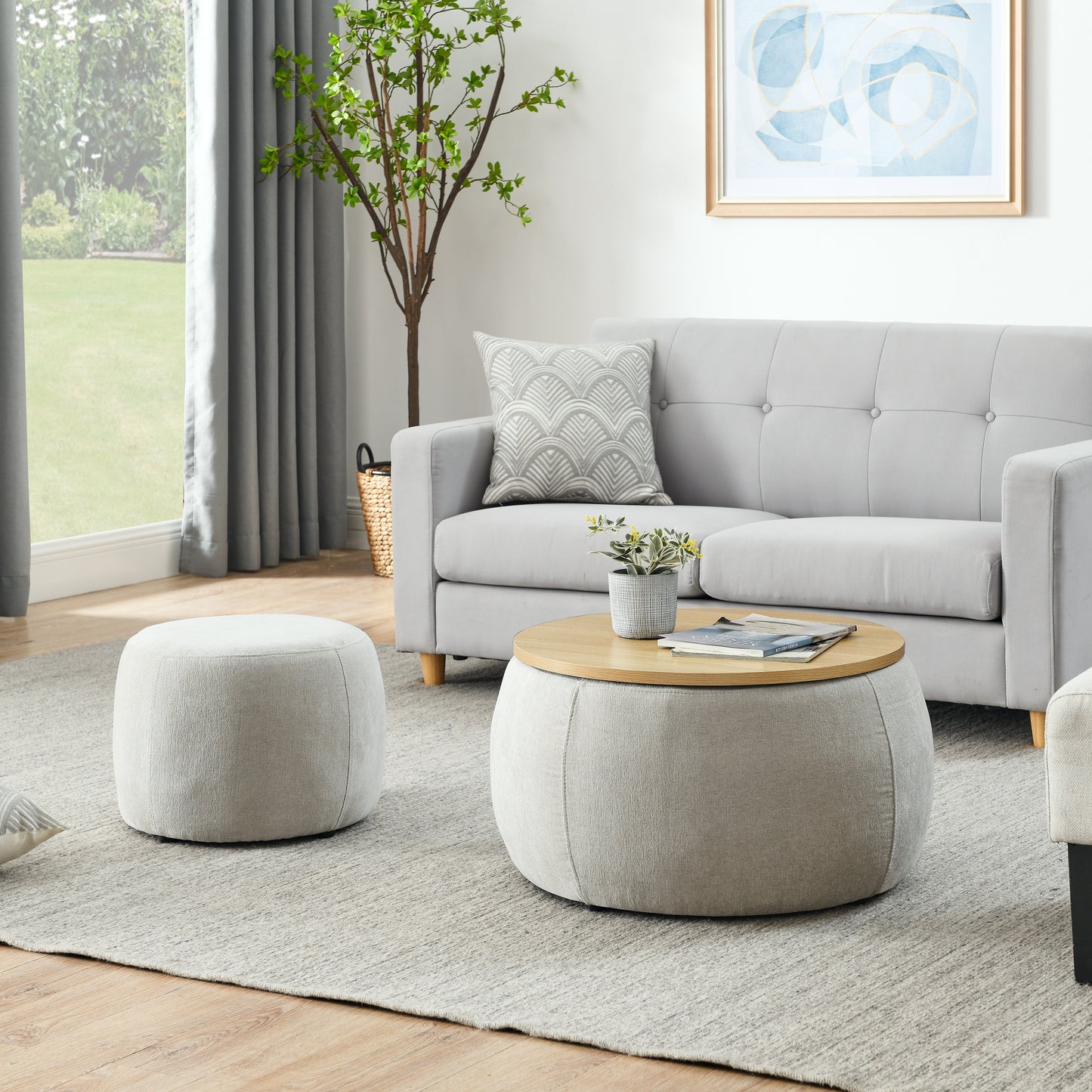 Round Storage Ottoman, 2 In 1 Function, Work As End Table And Ottoman,with Small Seat,Light Grey 25x25x14.7