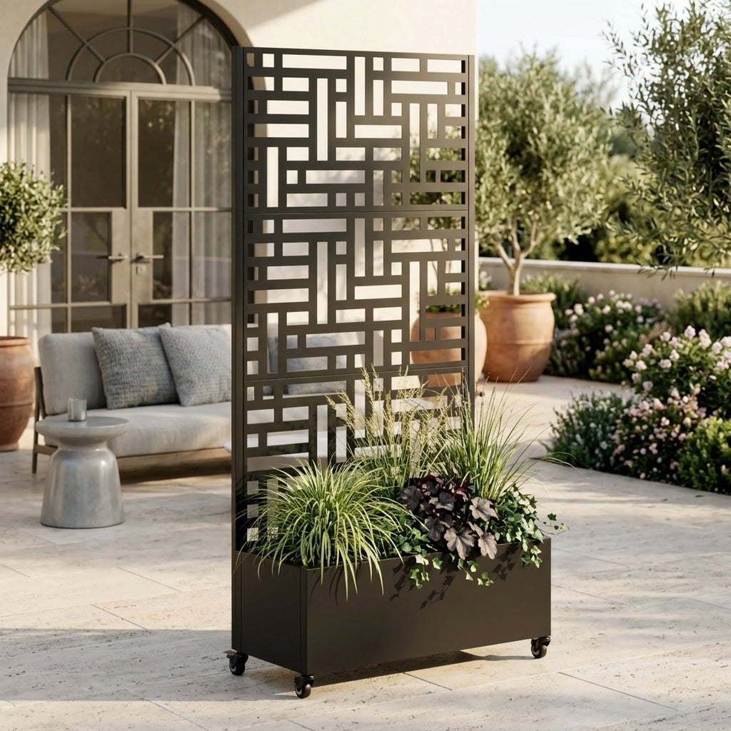 Metal Planter Box With Trellis, 73 X35 X16 Metal Raised Garden Bed With Trellis, Metal Planter Box With Drainage Holes & Lockable Wheels & Privacy Screen For Climbing Plants, Vegetables, Vines
