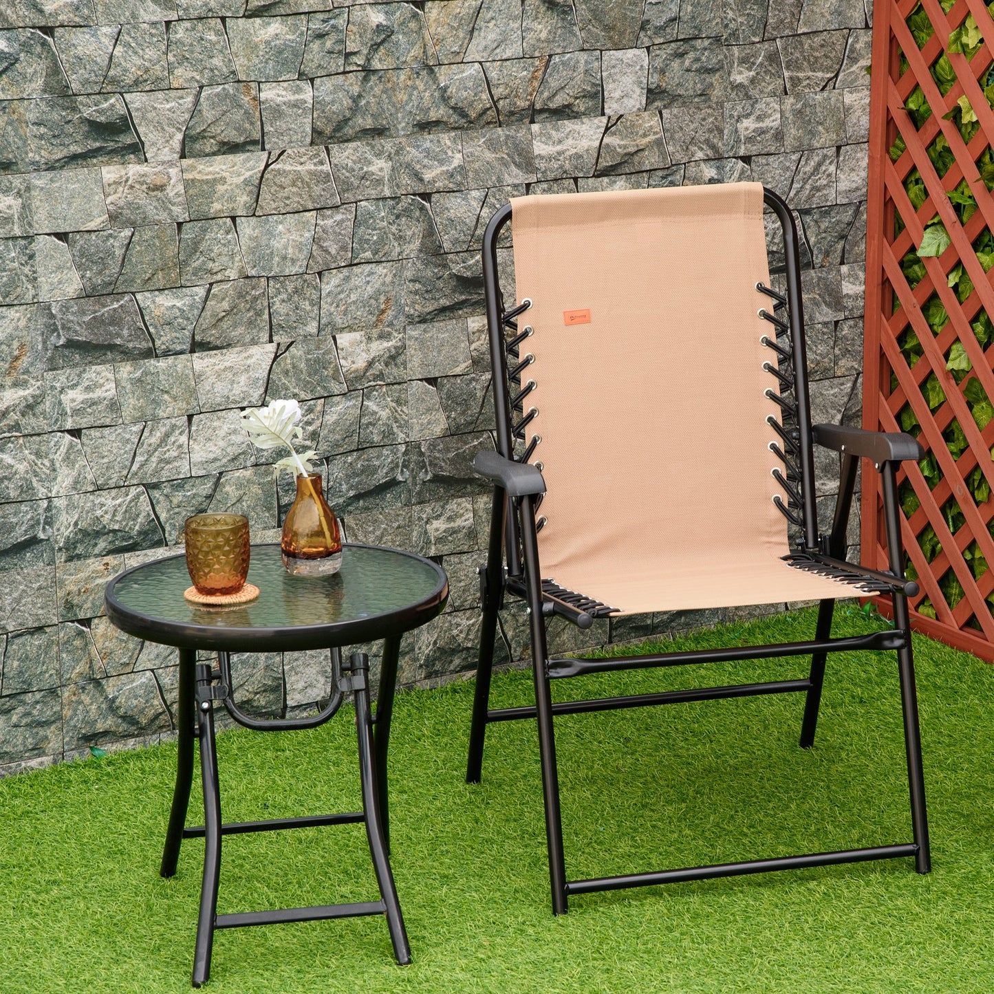 Patio Folding Chair, Outdoor Bungee Sling Chair W/ Armrests, Portable Lawn Chair For Camping, Garden, Pool, Beach, Backyard, Beige