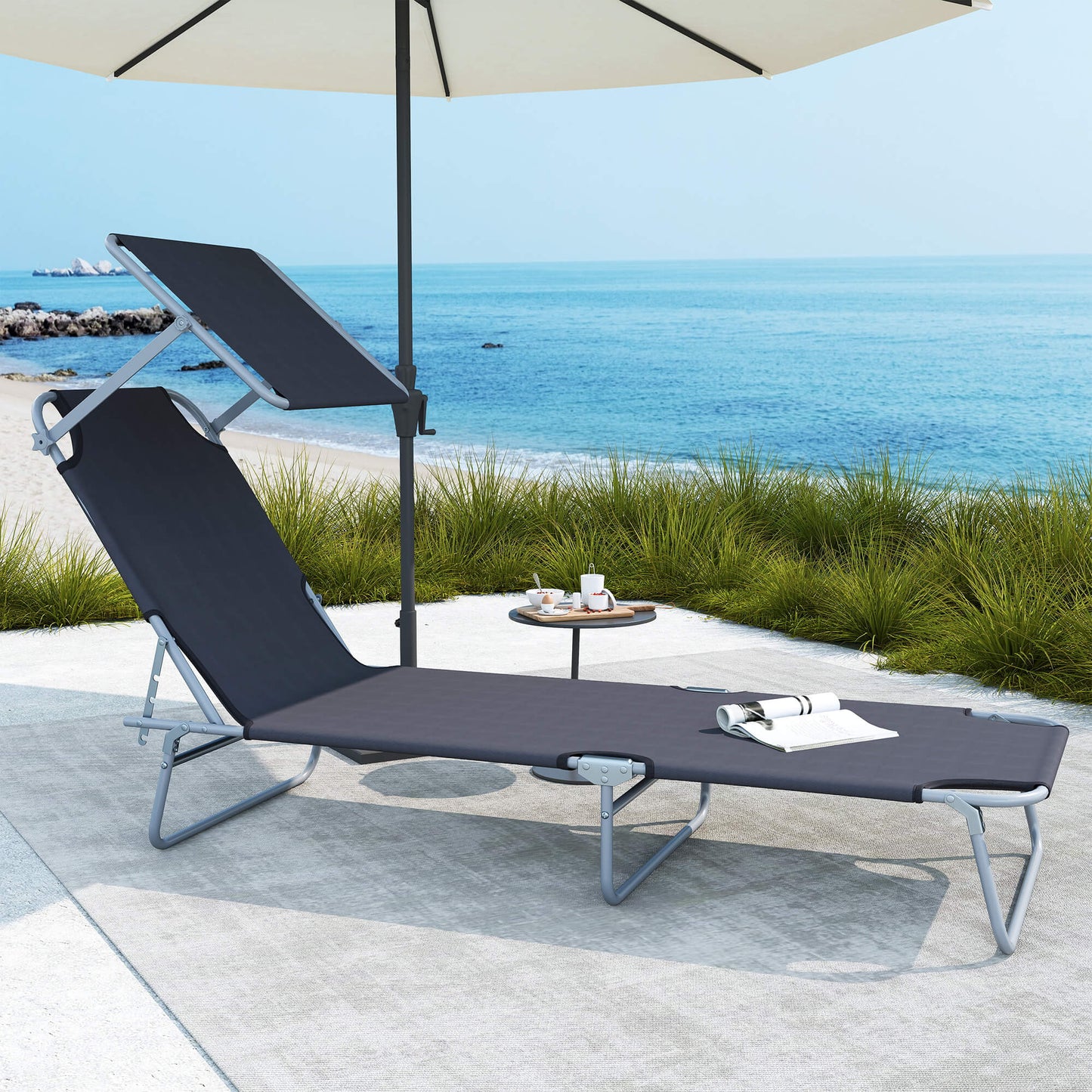 Outdoor Pool Chaise Lounge Chair, Folding Tanning Chair With Sun Shade, Gray