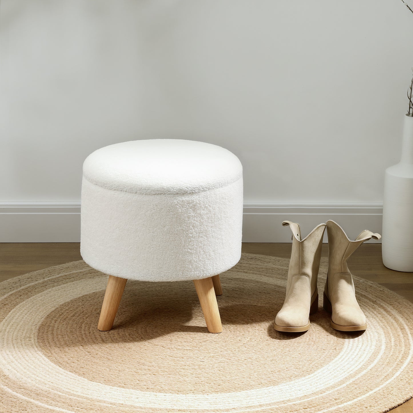 Round Ottoman Stool With Storage, Linen Upholstered Foot Stool With Padded Seat, Hidden Space And Wood Legs, White