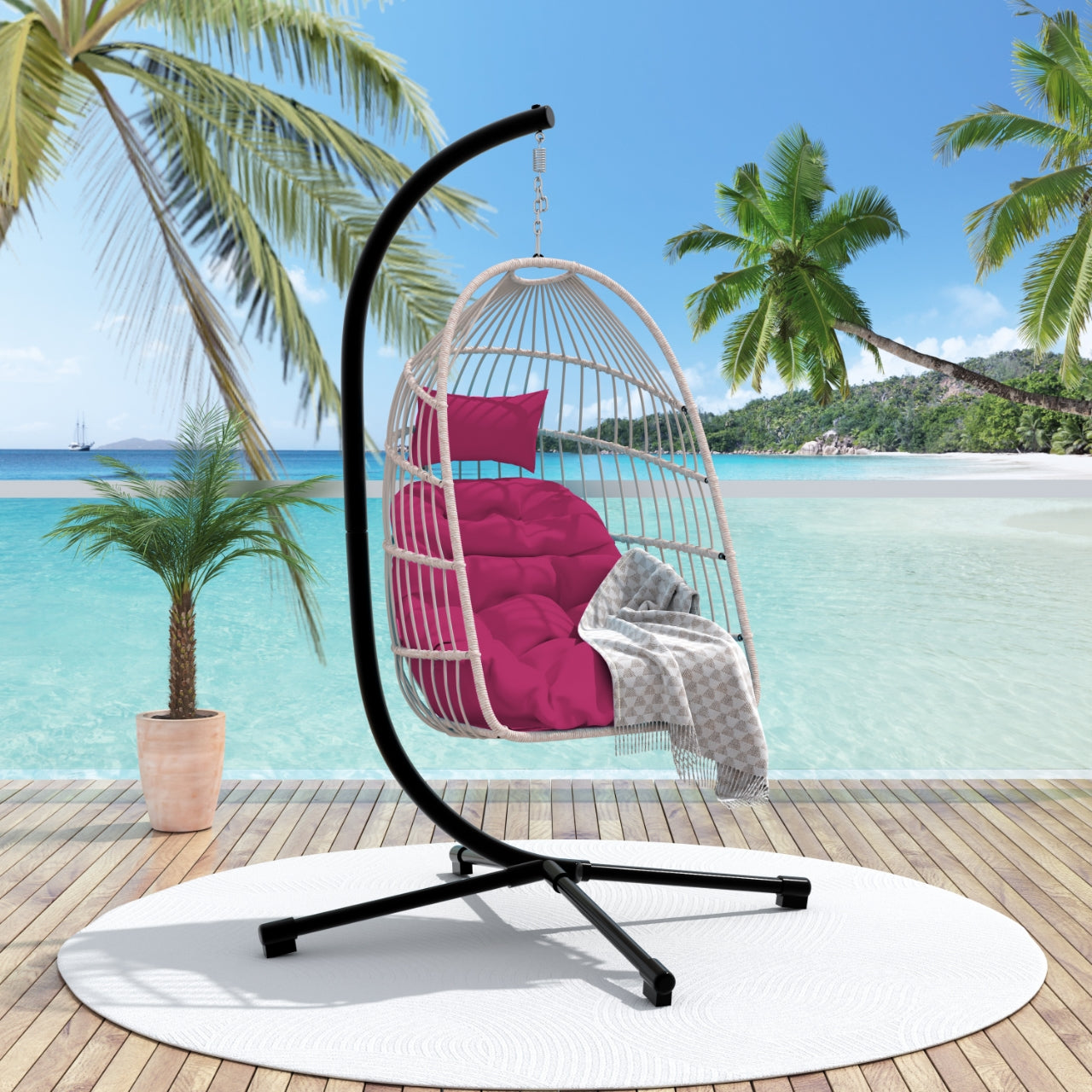 Outdoor Egg Hanging Chair With Stand Patio Wicker Swing Egg Chair Indoor Swinging Chair Outdoor Hammock Egg Chair. Rose Red