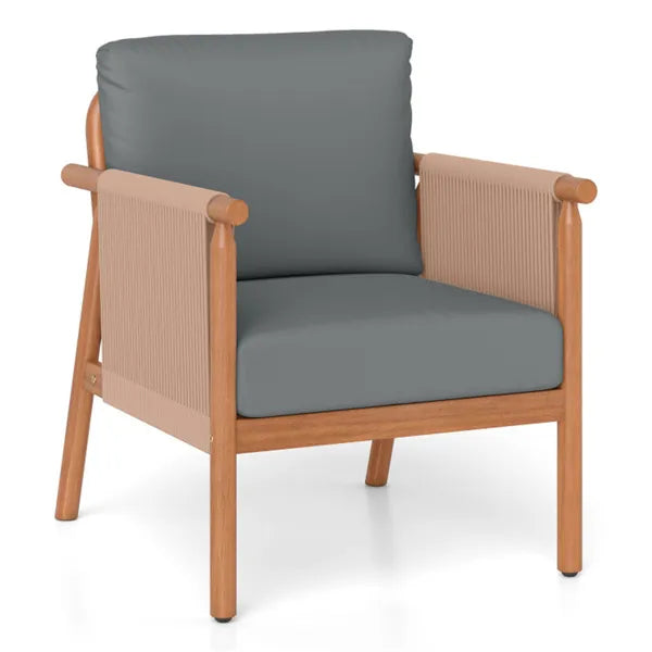 Gray Boho Patio Acacia Wood Chair With Woven Rope Armrests, Cushioned Outdoor Accent Chair For Porch Balcony