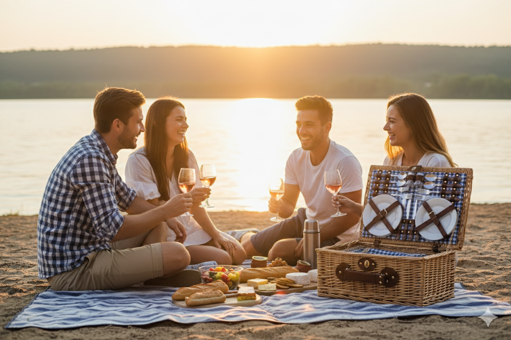 Wicker Picnic Basket Set For Four Gingham Liner, Willow Hamper