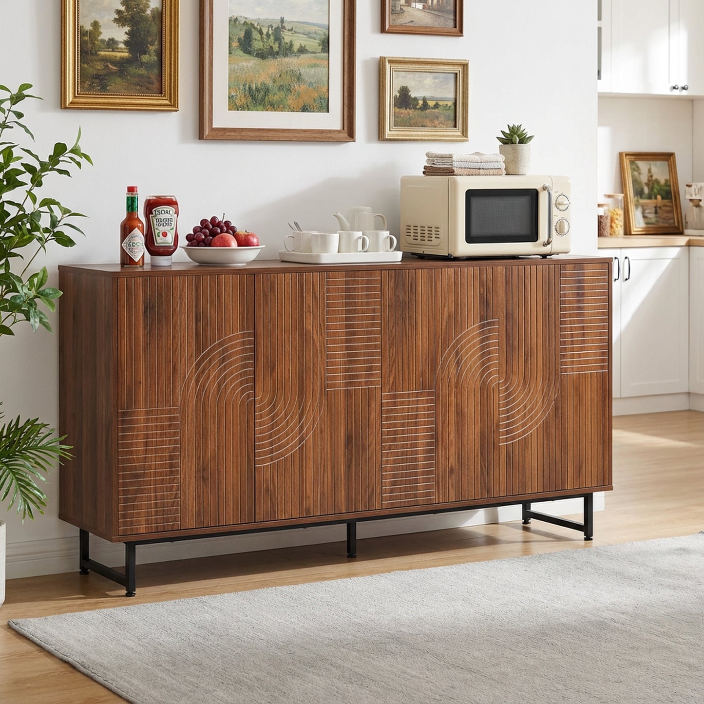 Mid-Century Modern Walnut Sideboard Buffet Cabinet, 59X16X33 Inches Geometric Carved Storage Cabinet With Metal Legs, Multi-Purpose Credenza For Living Room, Dining Room, Entryway
