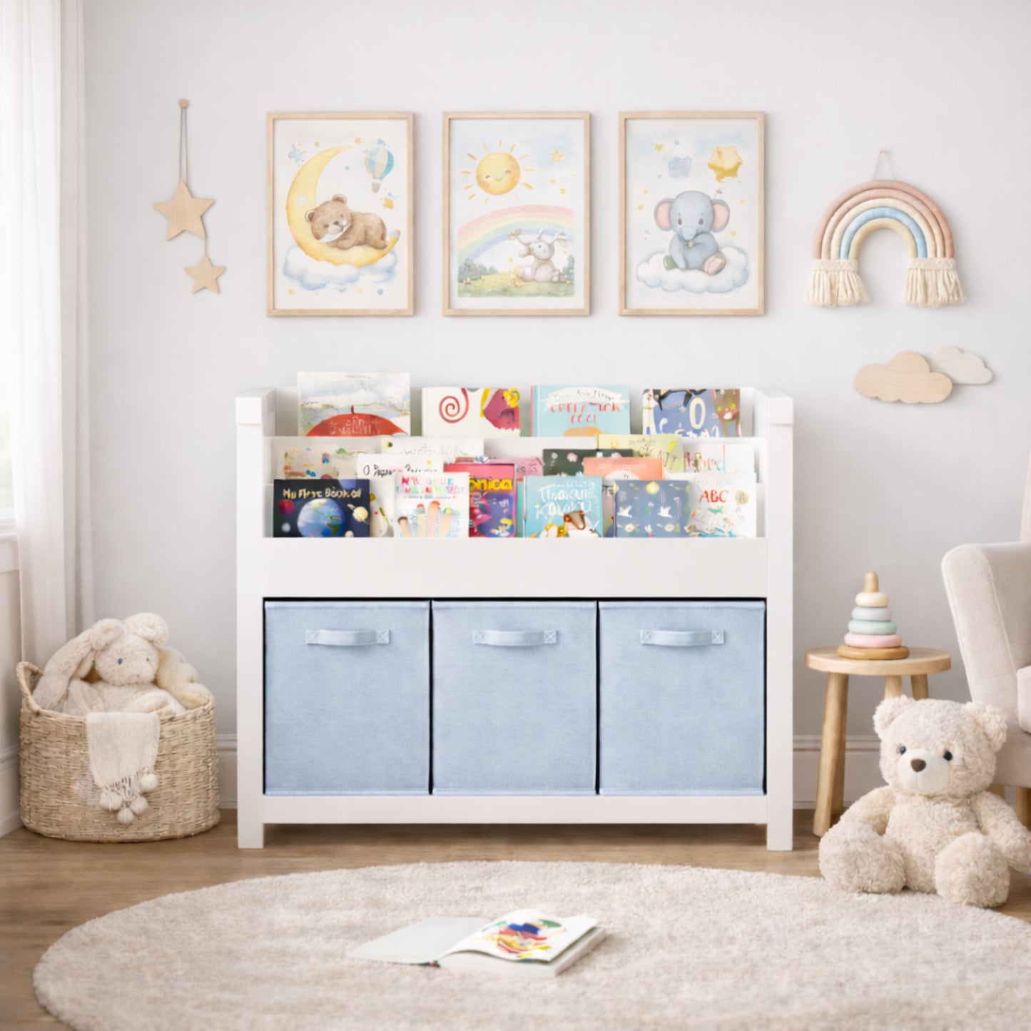 Kids Bookshelf With 3 Tier Front-Facing Storage And 3 Fabric Bins, Wooden Toddler Bookcase For Playroom, Nursery, Bedroom Kids Book Organizer Shelf For Toys And Books