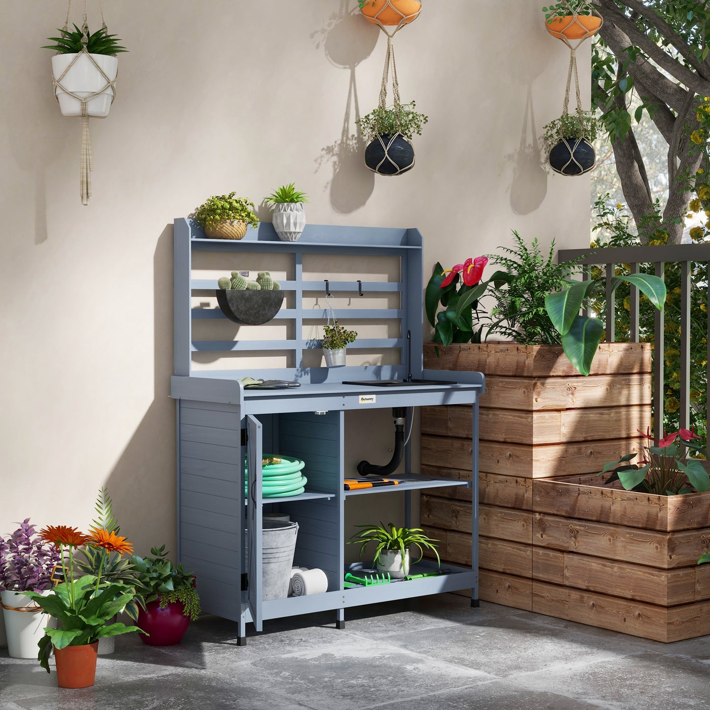 Wooden Potting Bench With Storage, Sink, Water Tap For Backyard, Patio, Balcony, Gray