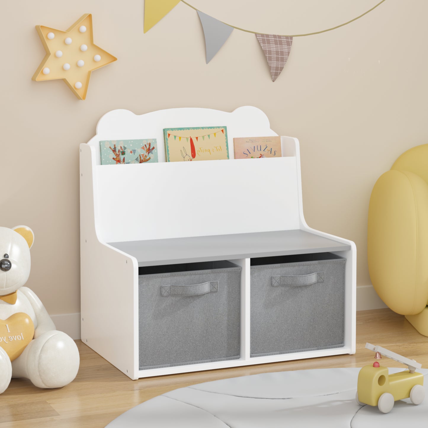 Kids Bookshelf With Storage Bins Wooden Bookcase With Book Display Shelf And 2 Fabric Bins, Cute Bear-Shaped Backboard, Toy Organizer For Toddlers And Children, White And Gray