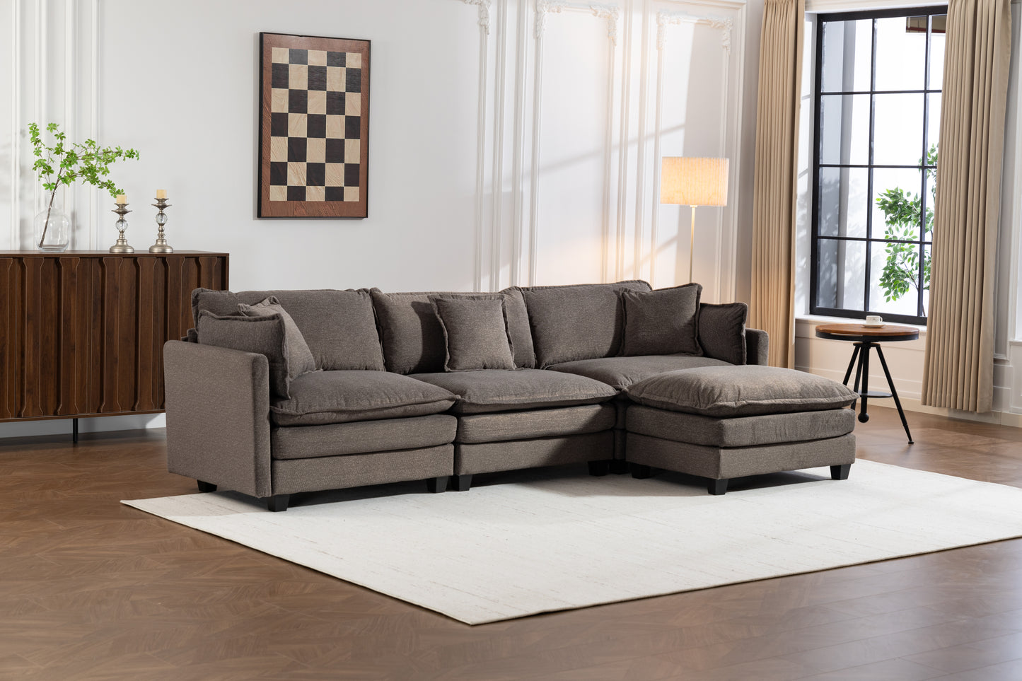 Modern 3seats With Ottoman 113.77 Sectional Sofa With Waist Pillows,3 Seat Upholstered Symmetrical Sofa Furniture,Sleeper Sofa Couch With Chaise Lounge For Living Room,Apartment,3 Color