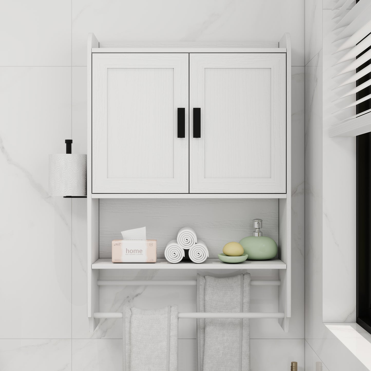 Bathroom Wall Cabinet With Doors,Adjustable Shelf,Towel Bar And Paper Holder, Over The Toilet Storage Cabinet, Medicine Cabinet For Bathroom-White