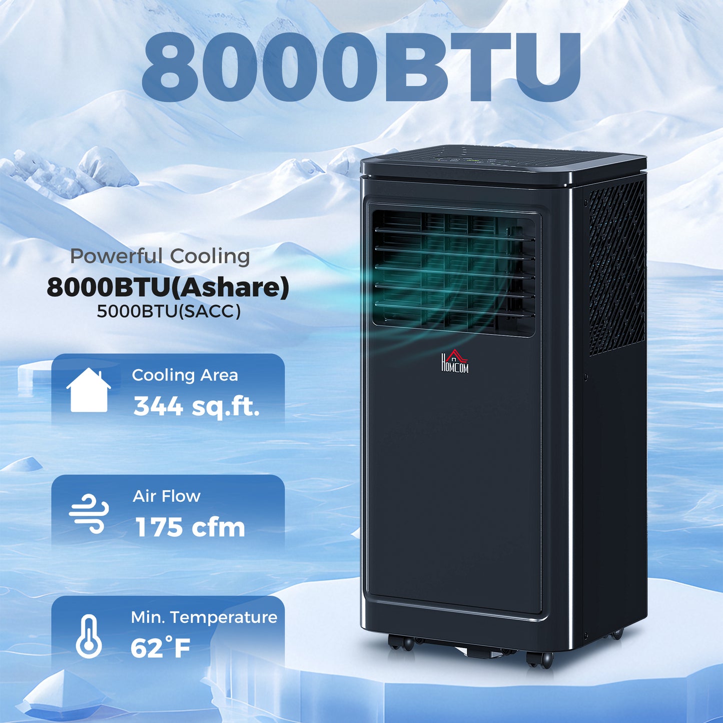 8,000 BTU Portable Air Conditioner Fan w/ Remote for Rooms Up to 344 Sq. Ft., Evaporative Cooler AC Unit Black
