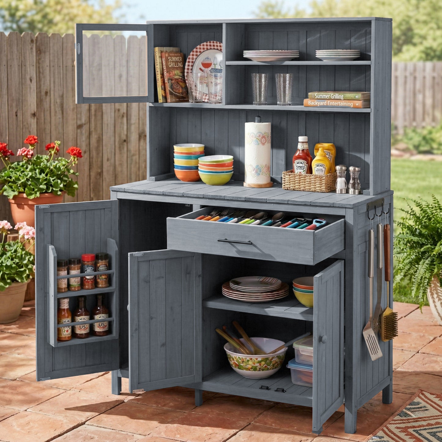 With Assembly Video TOPAMx Potting Bench With Hutch 65 H Solid Fir Wood Garden Workstation Large Countertop Patio Kitchen Island With Adjustable Shelves Spice Rack Side Hook And Drawer Gray