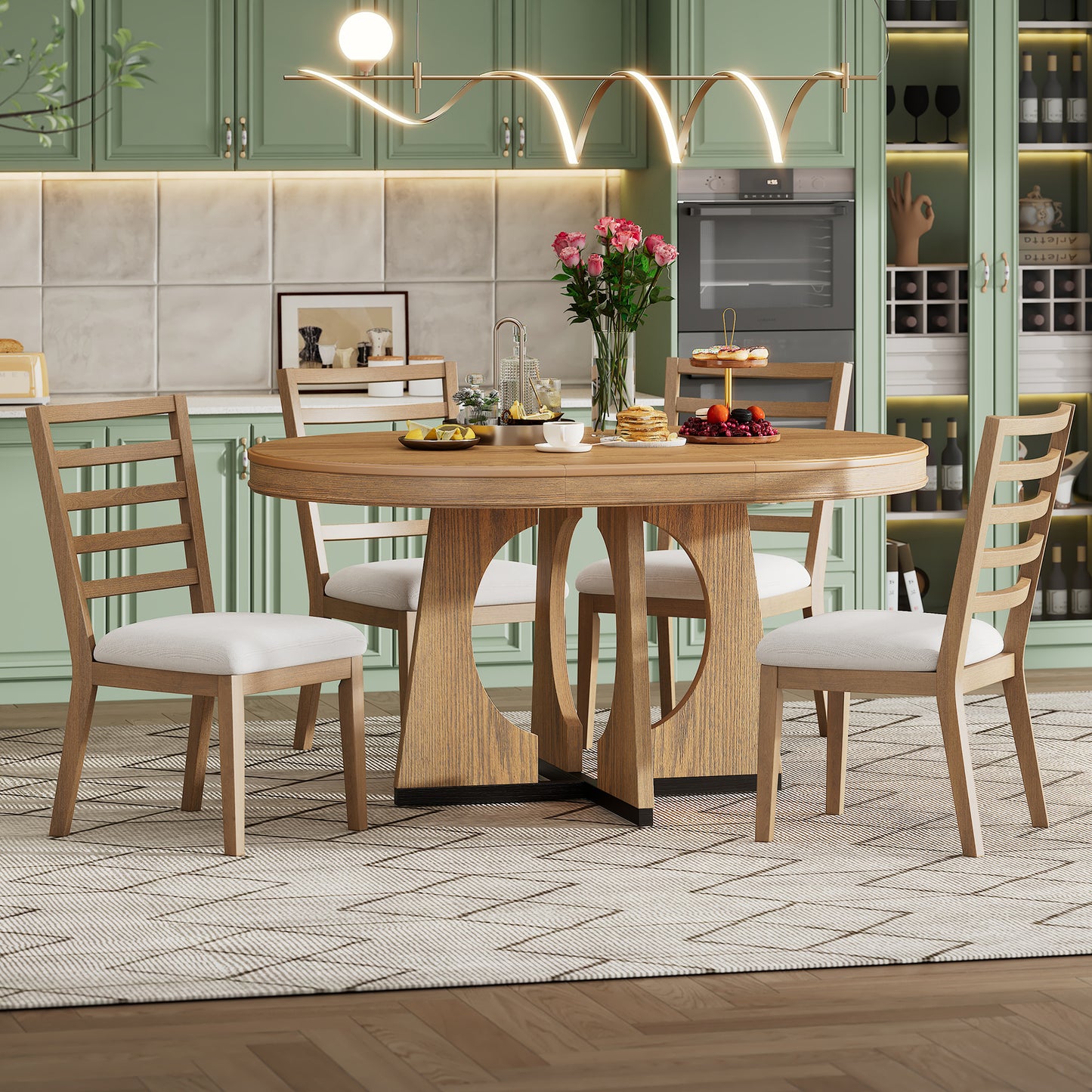 TREXM Round Dining Table For 4 With Chairs Set Extendable Dining Table Set With 16 Removable Middle Leaf 5 Piece Retro Dining Table Set Unique Geometric Design For Kitchen Dining Room Natural