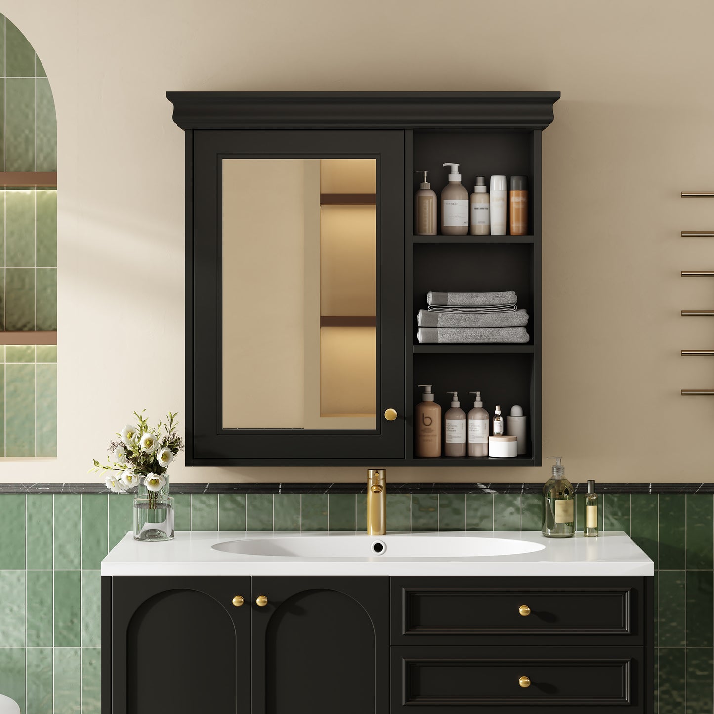 30 X 28 Bathroom Medicine Cabinet With Mirror, Wall Mounted Mirror Cabinet With Storage Organizer, Over The Toilet Storage Black Storage Cabinet For Bathroom