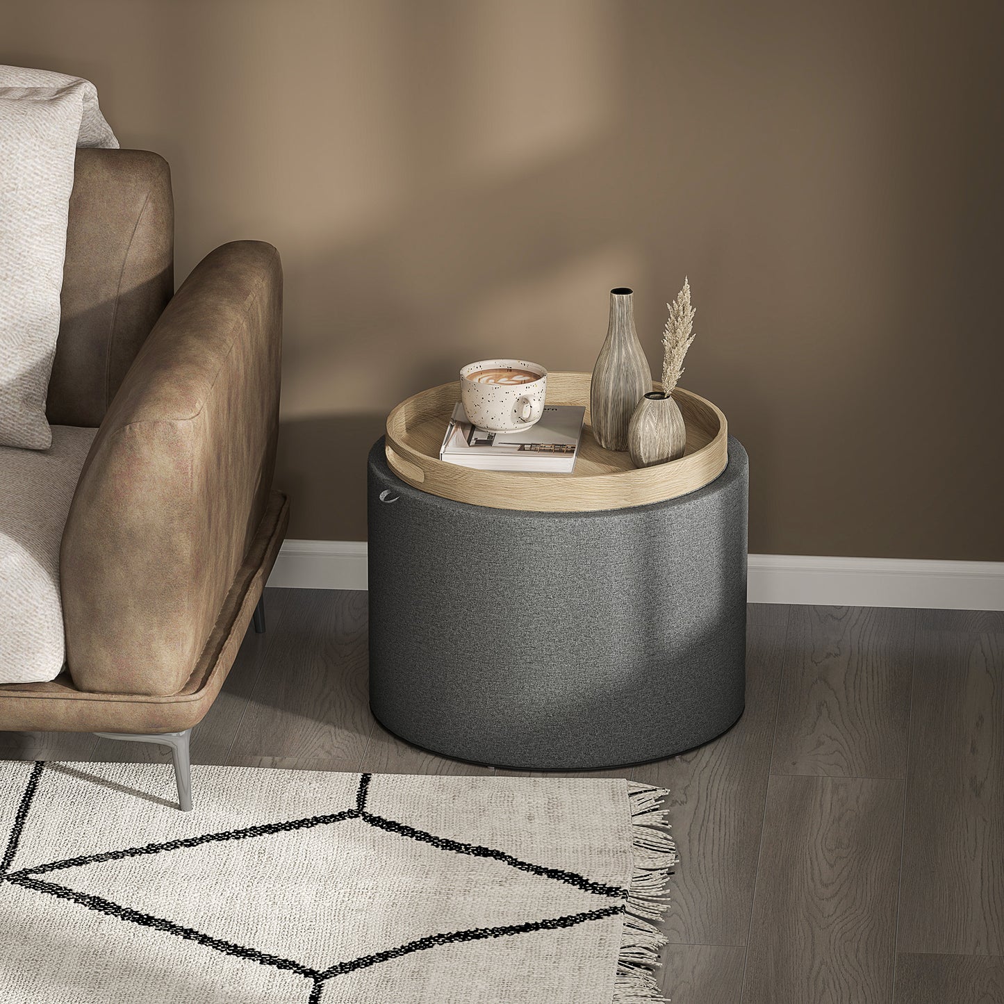 Round Storage Ottoman Coffee Table With Flip Top Tray, Linen Fabric Upholstered Footstool With Hidden Compartment