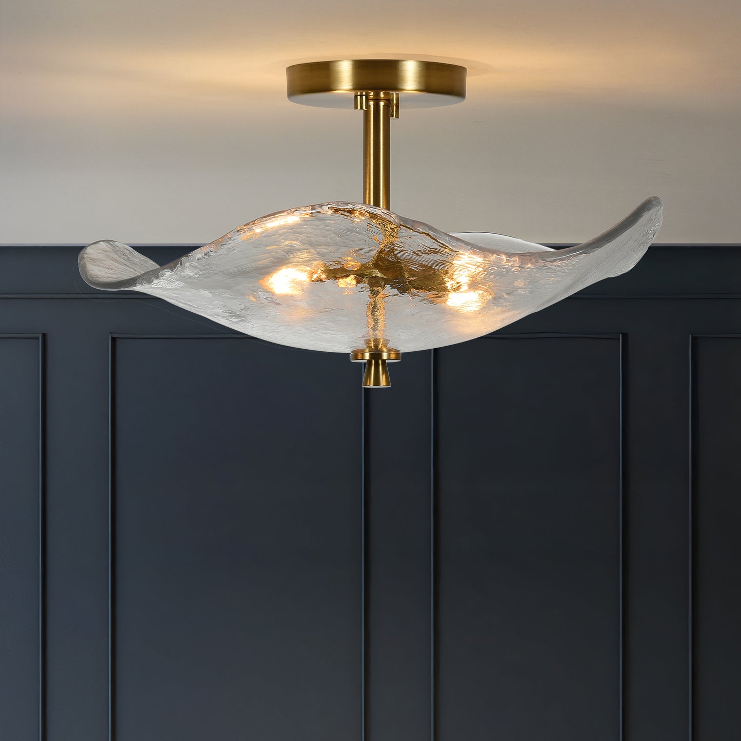 16.5inch Glass Semi Flush Mount Ceiling Light Fixture, 2-Lights Close To Ceiling Light, Modern Gold Ceiling Light Fixture For Bedroom Bathroom Hallway Entryway Kitchen Dining Room
