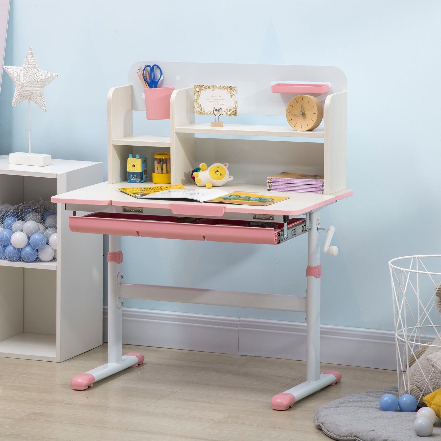 Wooden Kids Study Desk, Height Adjustable Children School Study Table, Student Writing Desk With Tilt Desktop, Drawer, Storage Shelf, Pen Holder, Pink