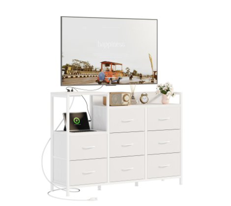 The Wooden Top TV Media Control Console Table Features 8 Fabric Drawers And 1 Shelf. The TV Stand Can Accommodate Up To 45-inch TVS