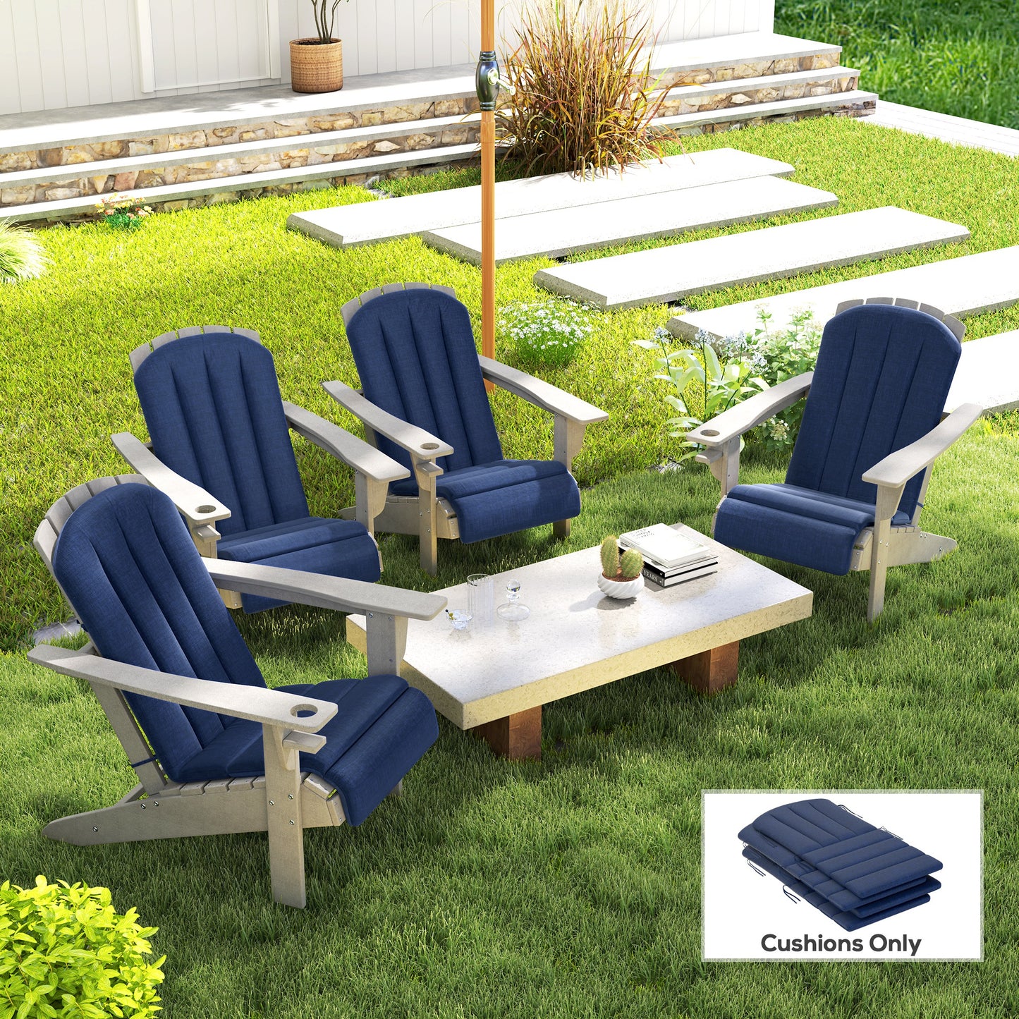 Set of 4 Outdoor Chair Cushions, High Back Adirondack Chair Cushion with Ties, High-Density Foam, Navy Blue