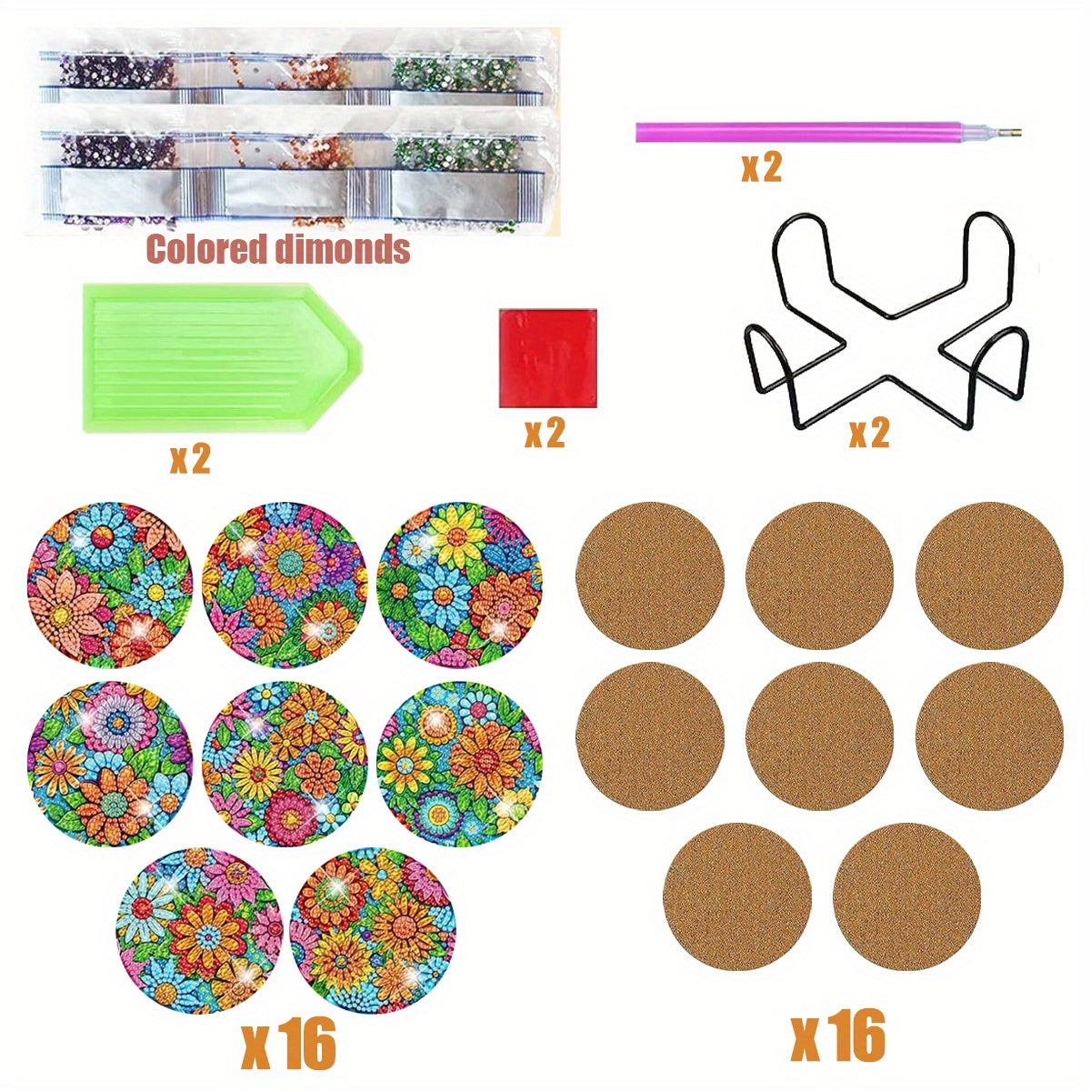 16-Piece Diamond Art Painting Coaster Set, Ocean Flowers 2-Style DIY Craft Kit With Stand And Wooden Coasters, Non-Slip Coaster Art Supplies, Suitable For Adults And Beginners, Ideal Mother's Day And