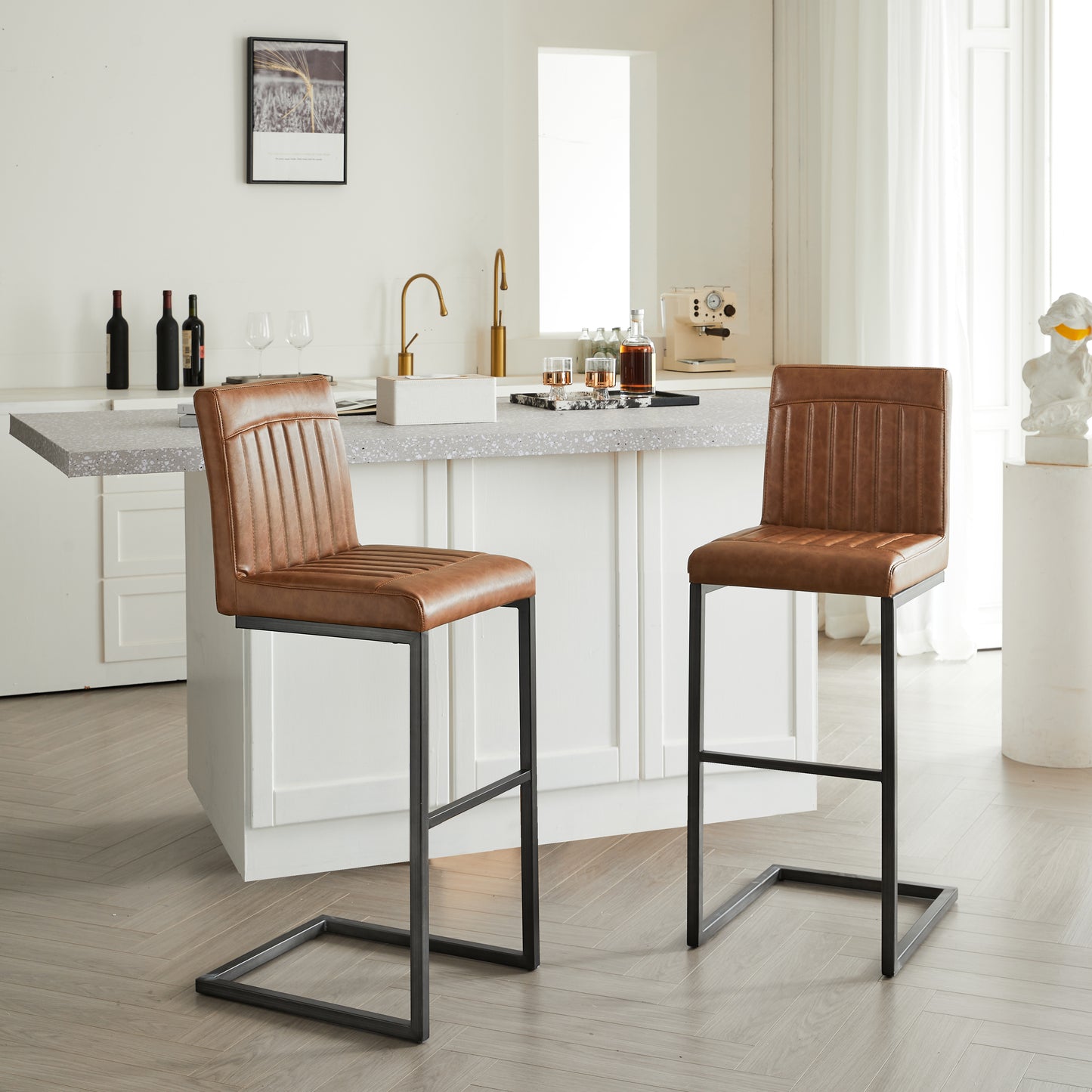 Back Brown Faux Leather Bar Stool Sturdy Black Metal Frame & Padded Seat Stylish Seating For Kitchen Island Home Bar & Dining Counter 2 Sets