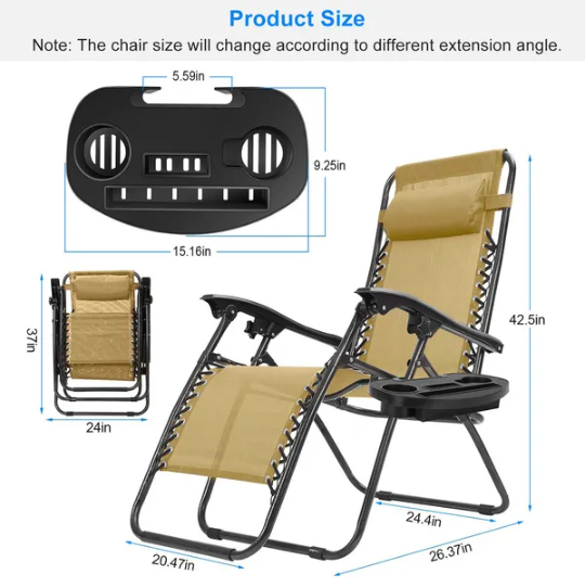 2Packs Zero Gravity Lounge Chair With Dual Side Tray 330lbs Load Foldable Recliner Chair