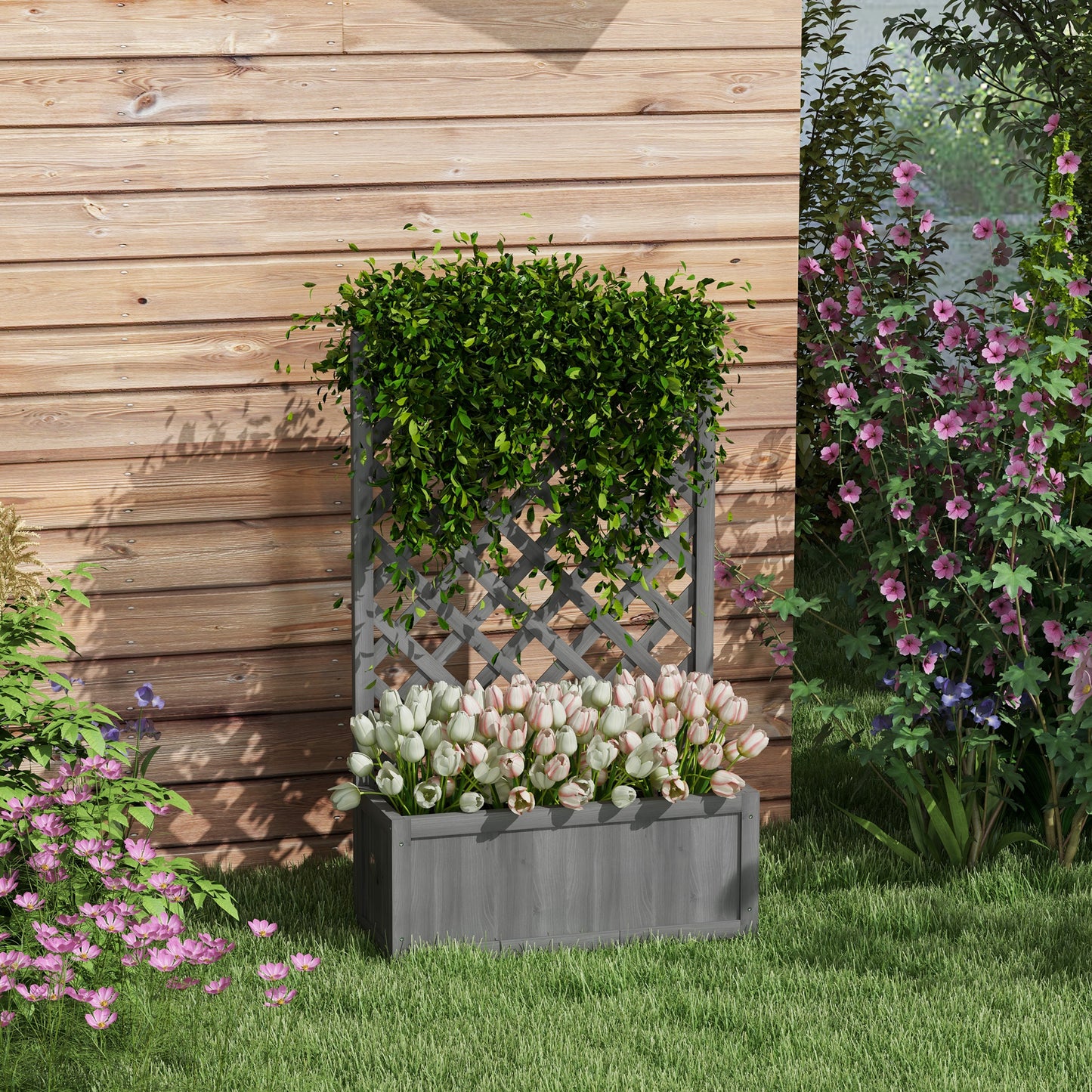 46" Wooden Planter with Trellis, Raised Garden Bed to Grow Vegetables, Herbs, Flowers for Backyard, Patio, Gray