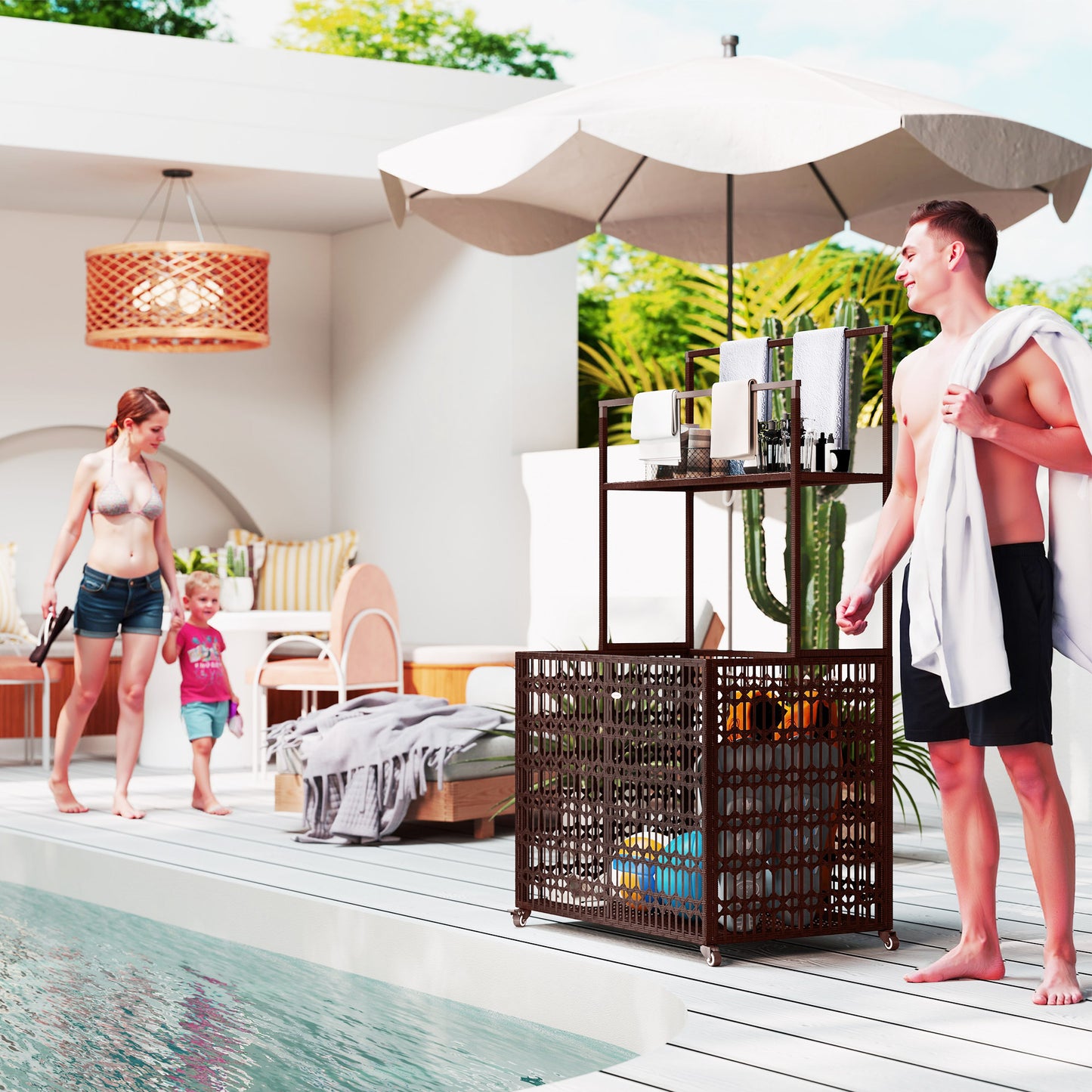 Wicker Pool Float Storage Organizer, PE Rattan Pool Float Holder with Basket Shelf Towel Bars, Rolling Pool Caddy for Floaties, Noodles, Life Vests, Beach Balls, Brown