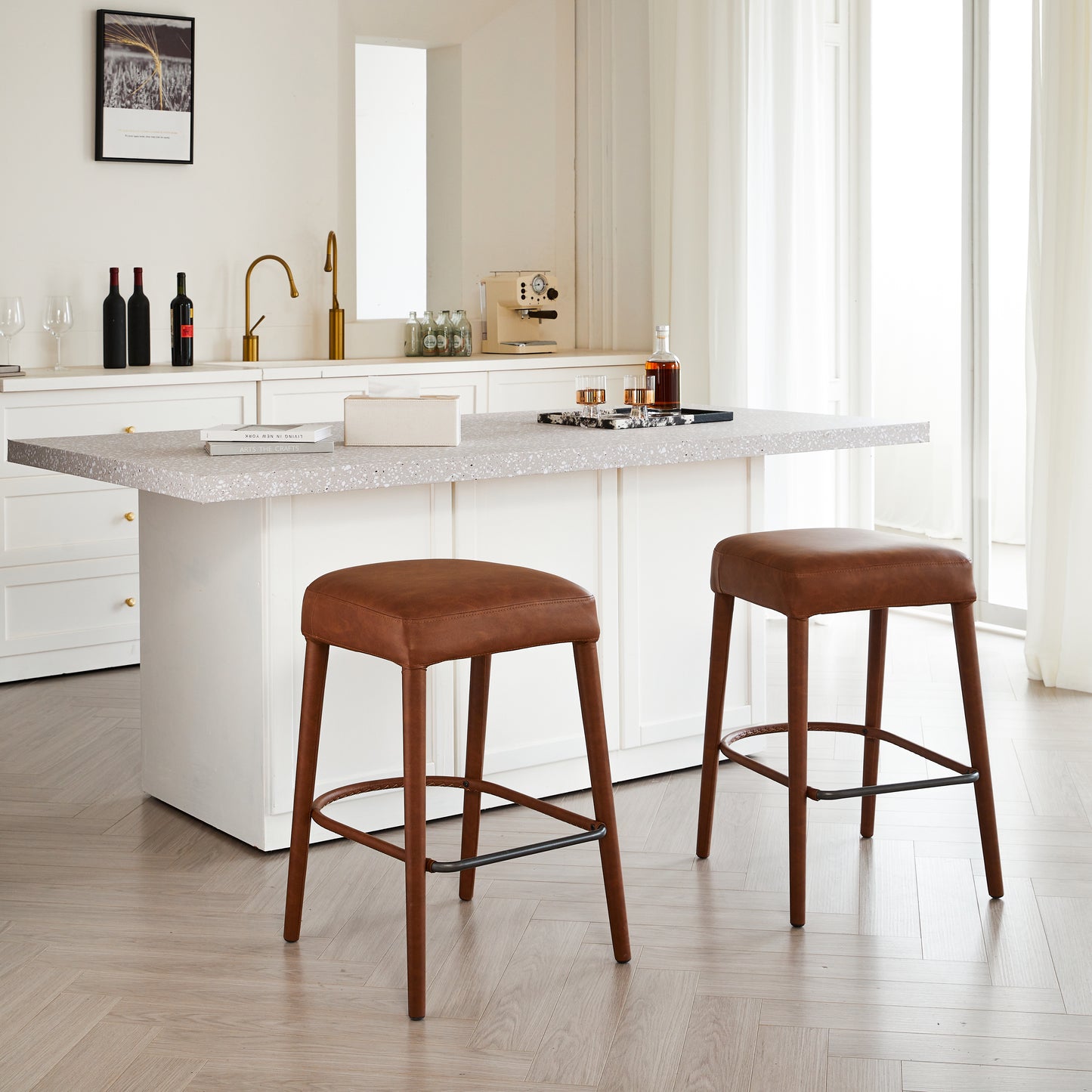 Counter Height Backless Brown Faux Leather Bar Stool Comfortable Padded Seat With Sturdy Metal Legs & Footrest Stylish Seating For Kitchen Island Pub & Dining Counter 2 Sets