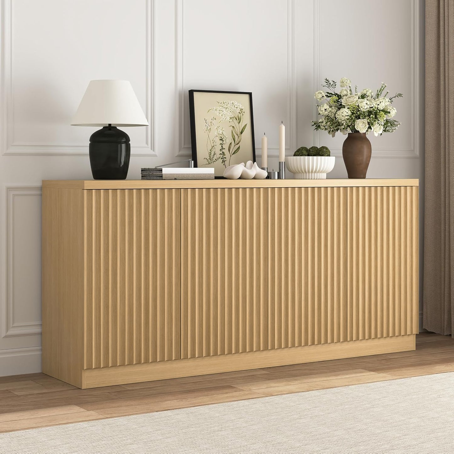 Buffet Cabinet With Storage, 62.60 Sideboard Cabinet With 4 Doors & Shelves, Wooden Kitchen Coffee Bar Credenza Storage For Living Room, Hallway Natural