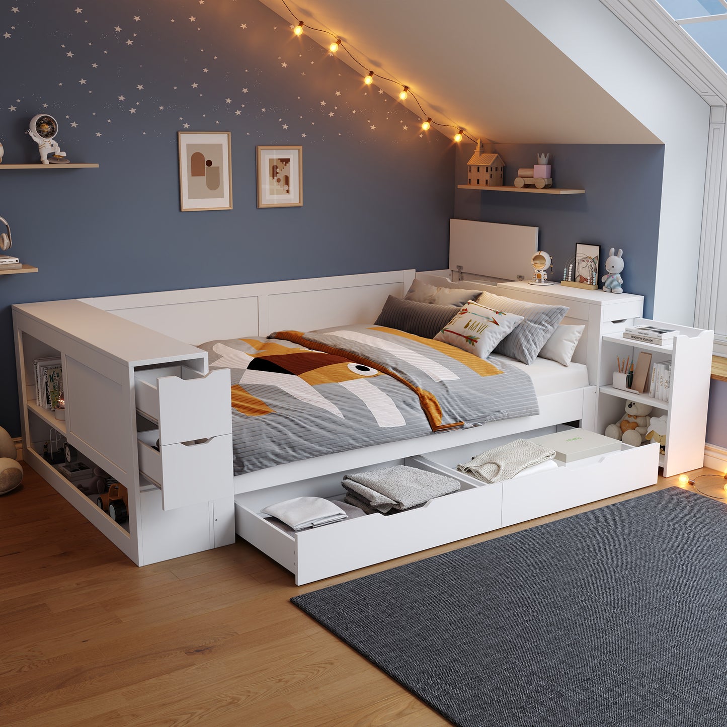 Childrens Bed, Daybed, 4ft6-135 X 190 Cm, Double Bed, Multifunctional Children's Bed With Drawers, Shelves And Storage Space, With Bedside Table, With Storage Space, Without Mattress, White