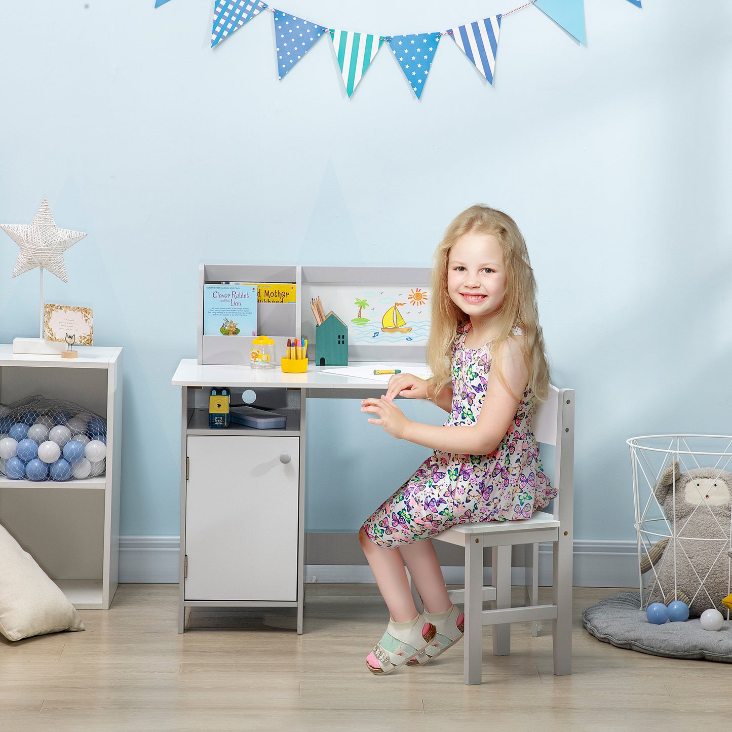 Toddler Table And Chair Set, Kids Writing Desk Homework Table With Whiteboard, Storage Cabinet, Gray