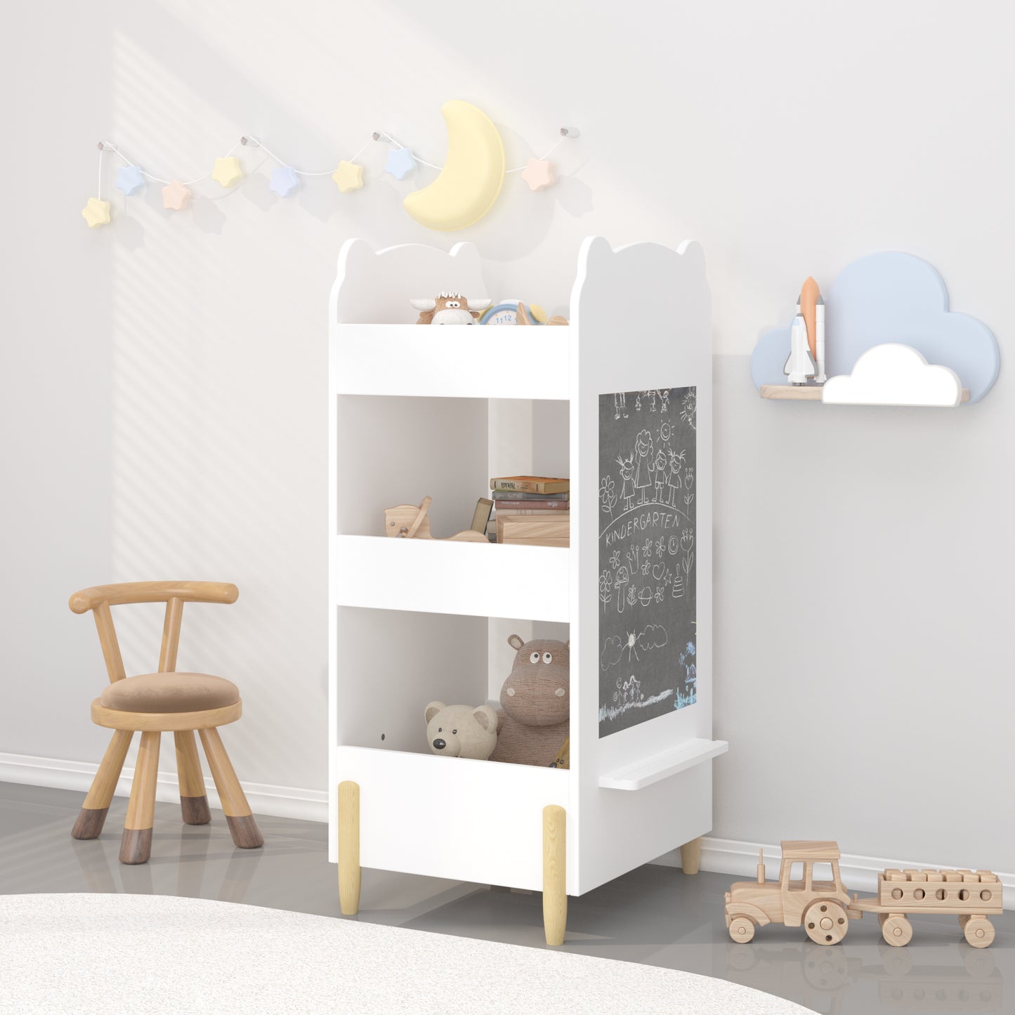 Kids Bookshelf With Chalkboard Side Bear Shaped Wooden Bookcase With 3 Tier Storage, Drawing Board For Toddlers, Toy And Book Organizer For Playroom Or Bedroom White