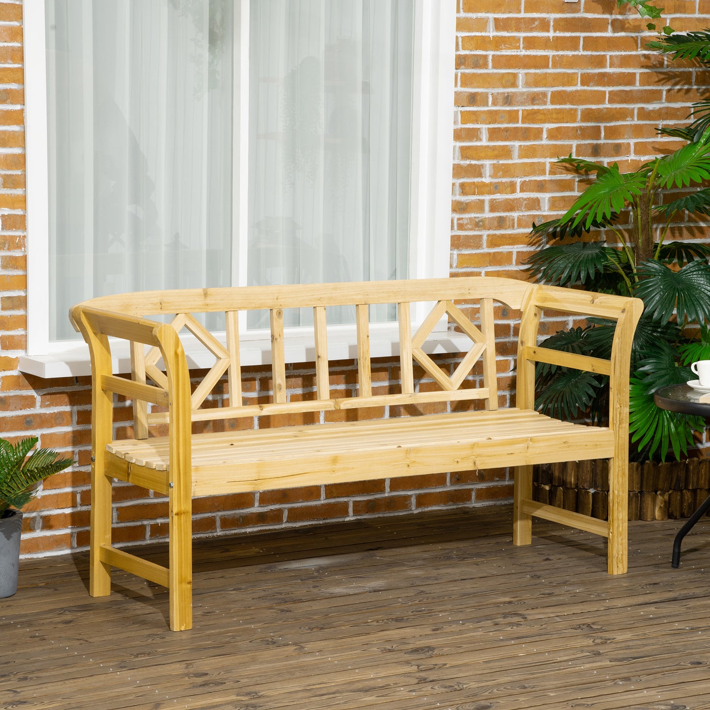 Wooden Patio Bench, Outdoor Garden Bench with Backrest and Armrests, 3 Person Porch Bench with Rustic Country Diamond Pattern, Natural