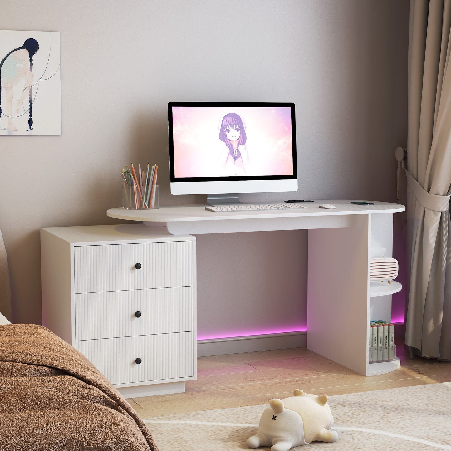 Modern Home Office Table,Expandable Desk With Storage Drawers & Open Shelf,Computer Desk With Hutch & Bookshelf,Wood Executive Desk Teens Student Desk Writing Laptop Home Office Desk