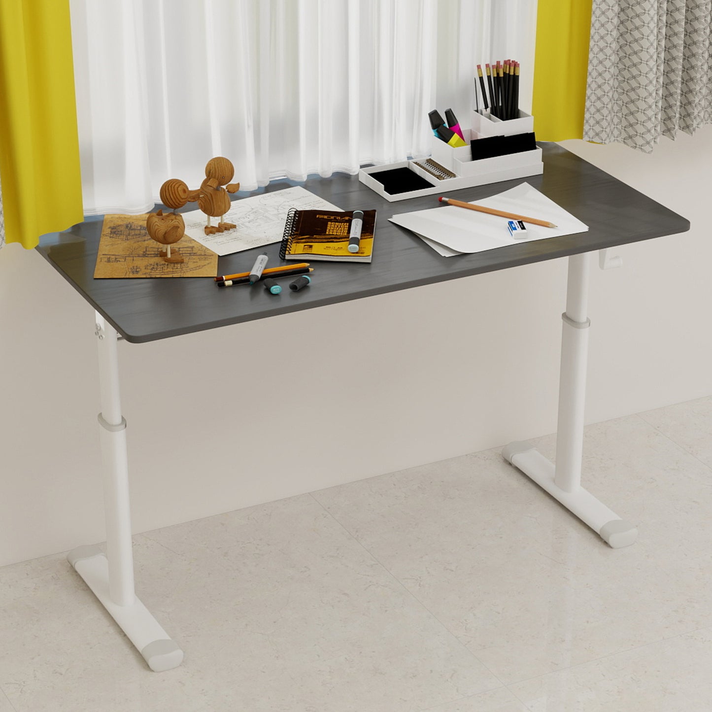 Adjustable Study Desk Suitable For Children And Adults, Height Adjustable, Multifunctional Home Office Desk Compact Design, Desktop Dimensions 60cm X120cm, White Frame, Gray Tabletop.