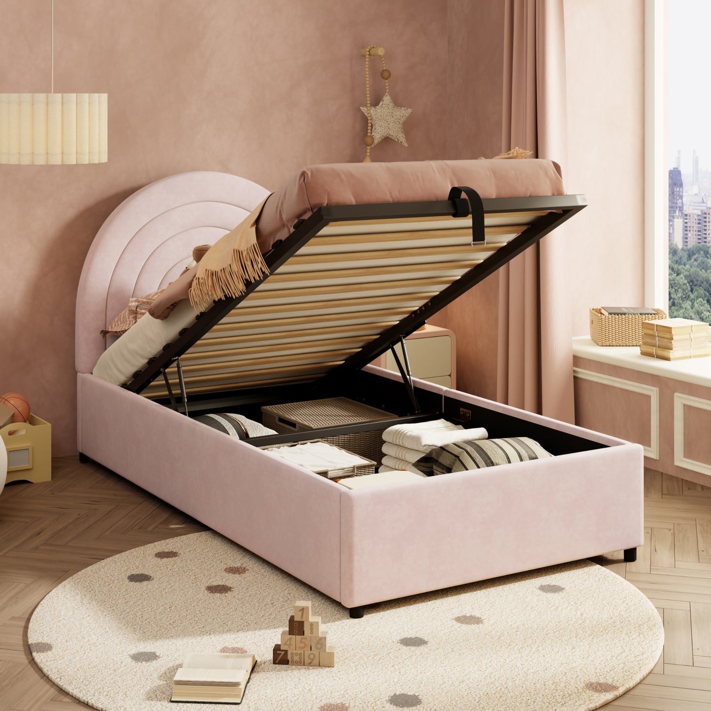 Upholstered Bed 3ft 90x190, Childrens Bed, Single Bed With Slatted Frame And Headboard, Youth Bed, Suitable For Adults And Teenagers, Wooden Slats, Easy To Assemble, Velvet, Pink