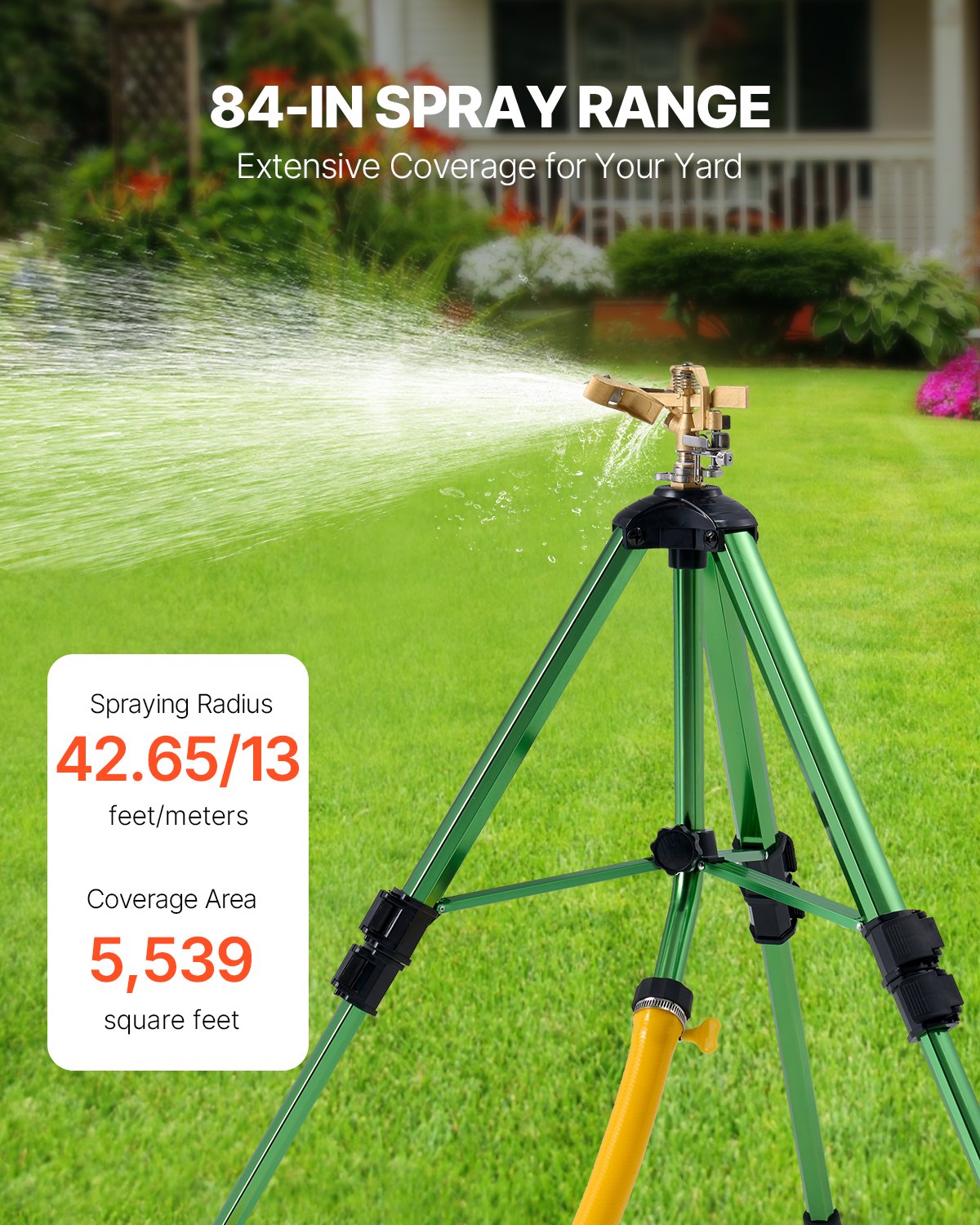 VEVOR Impact Sprinkler On Tripod Base, Heavy Duty Tripod Sprinklers With Brass Head & Connector, 360 Degree Large Area Coverage Irrigation Sprinkler, Adjustable Heights Sprinkler For Yard Green