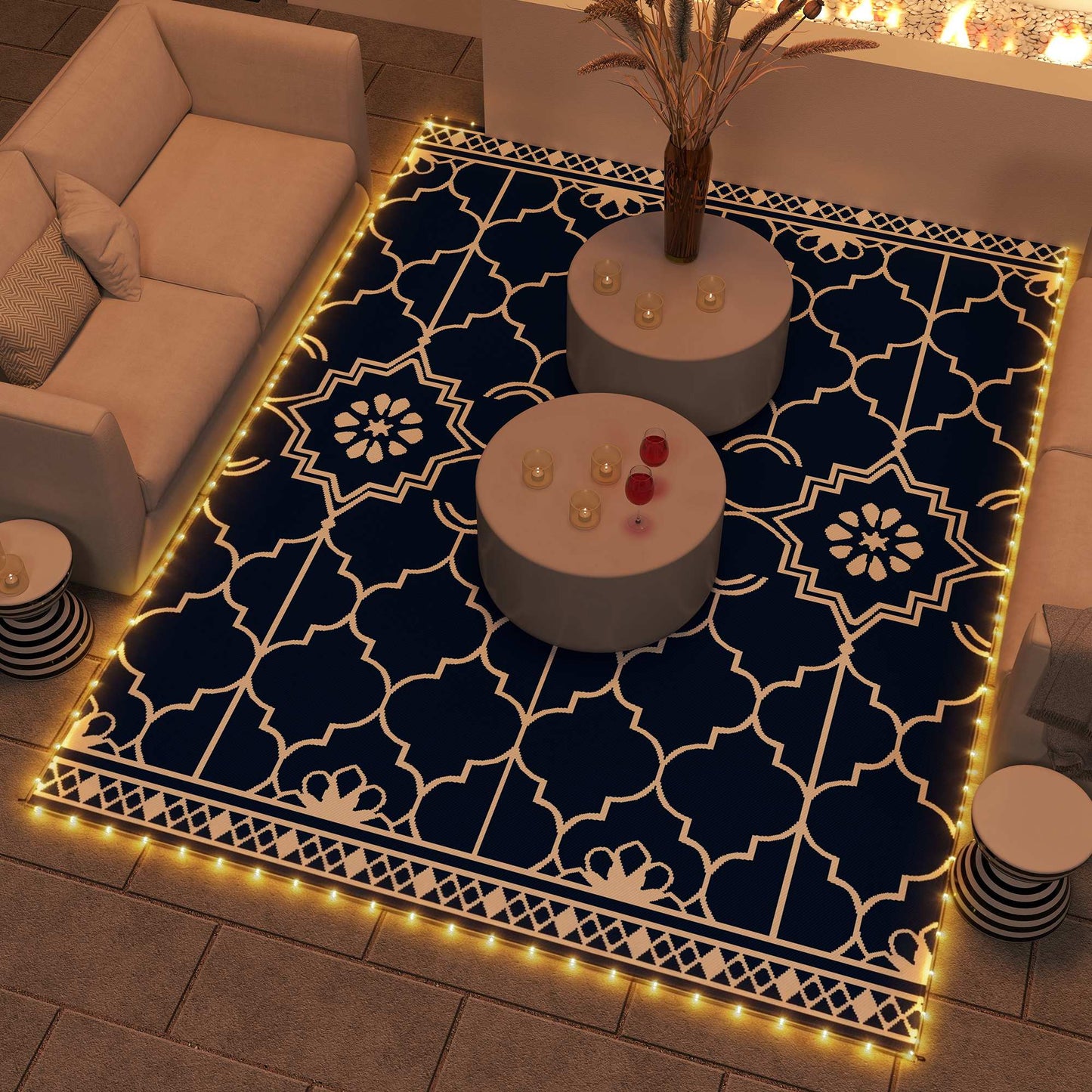 Reversible Outdoor Rug Carpet with LED Lights, 12' x 9' PP Straw Rug with Carry Bag and Ground Stakes