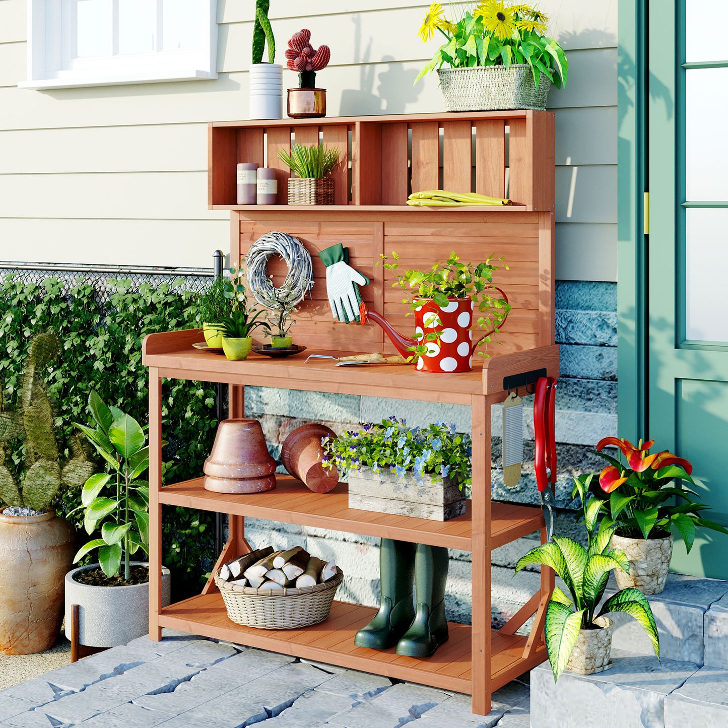 TOPMAX 65 Large Wooden Farmhouse Rustic Outdoor Potting Bench Table, Patio Workstation, Garden Potting Bench With 4 Storage Shelves And Side Hook,Natural