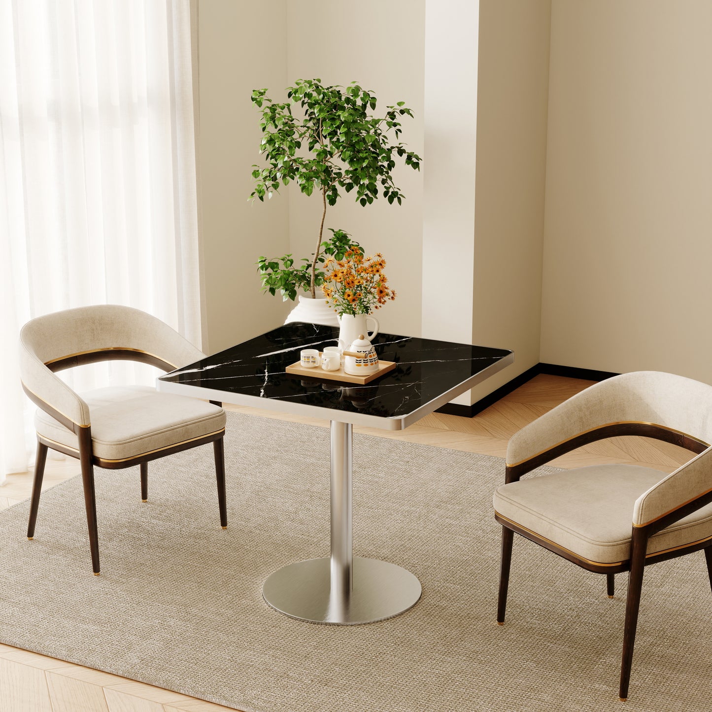 Square Modern Dinning Table 31.5 Inches Bistro Table Tulip Table With Faux Marble Top,Easy Assemble,Sturdy Metal Frame Diameter
