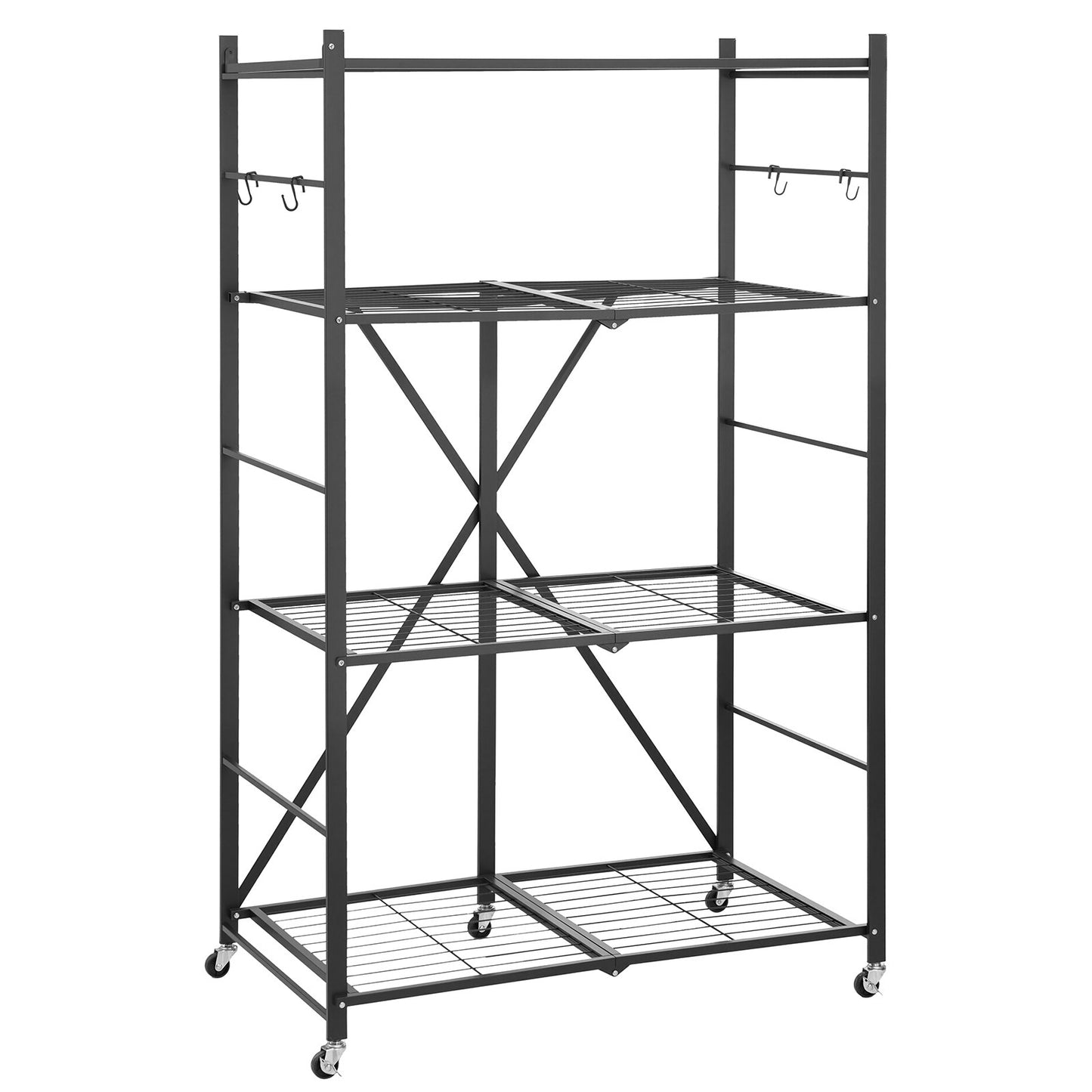 4-Tier Foldable Storage Shelf, 36W X 21D X 60H Inch Folding Metal Rack Shelving Unit, No Assembly Organizer Shelf With 5 Wheels & 4 Hooks For Pantry, Kitchen, Garage, Basement, Black
