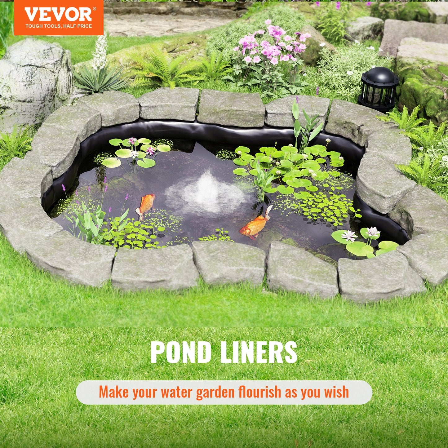 VEVOR Pond Liner, 10 X 13 Ft 20 Mil Thickness, Pliable LLDPE Material Pond Skins, Easy Cutting Underlayment For Fish Or Koi Ponds, Water Features, Waterfall Base, Fountains, Water Gardens, Black