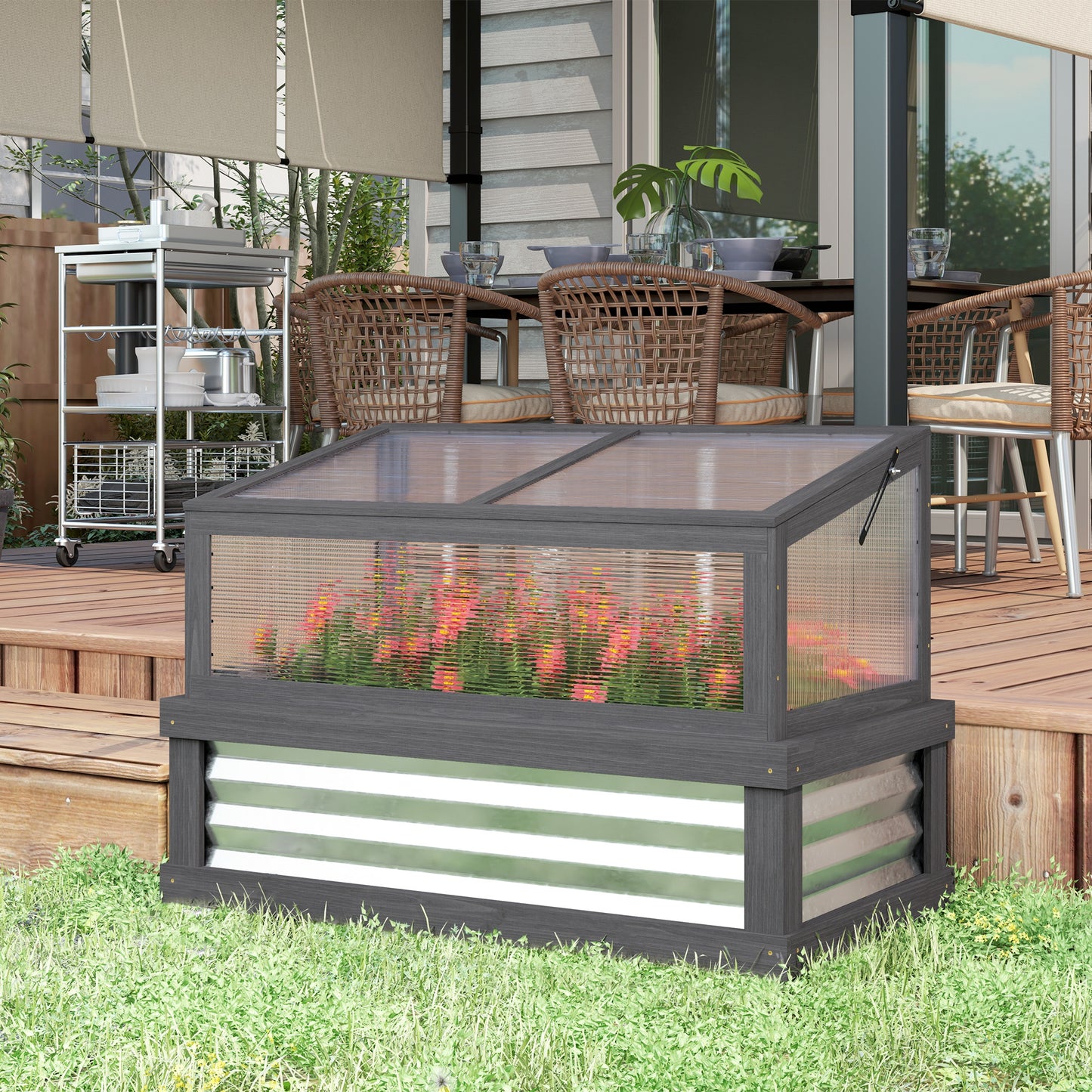 Raised Garden Flower Bed Kit with Lean-to Greenhouse, Wooden Cold Frame Planter, 41" x 22.5" x 28.25", Gray