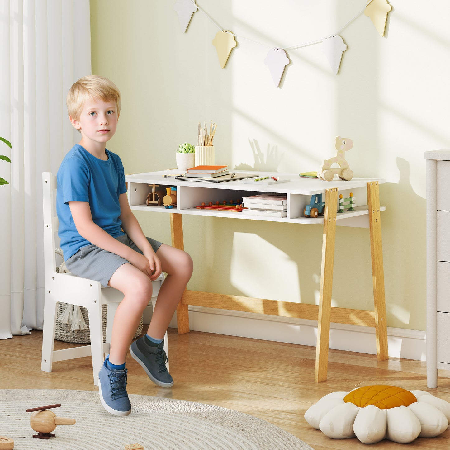 Kids Desk And Chair Set With Storage For Bedroom, School, Gift For Children Ages 3-12, White